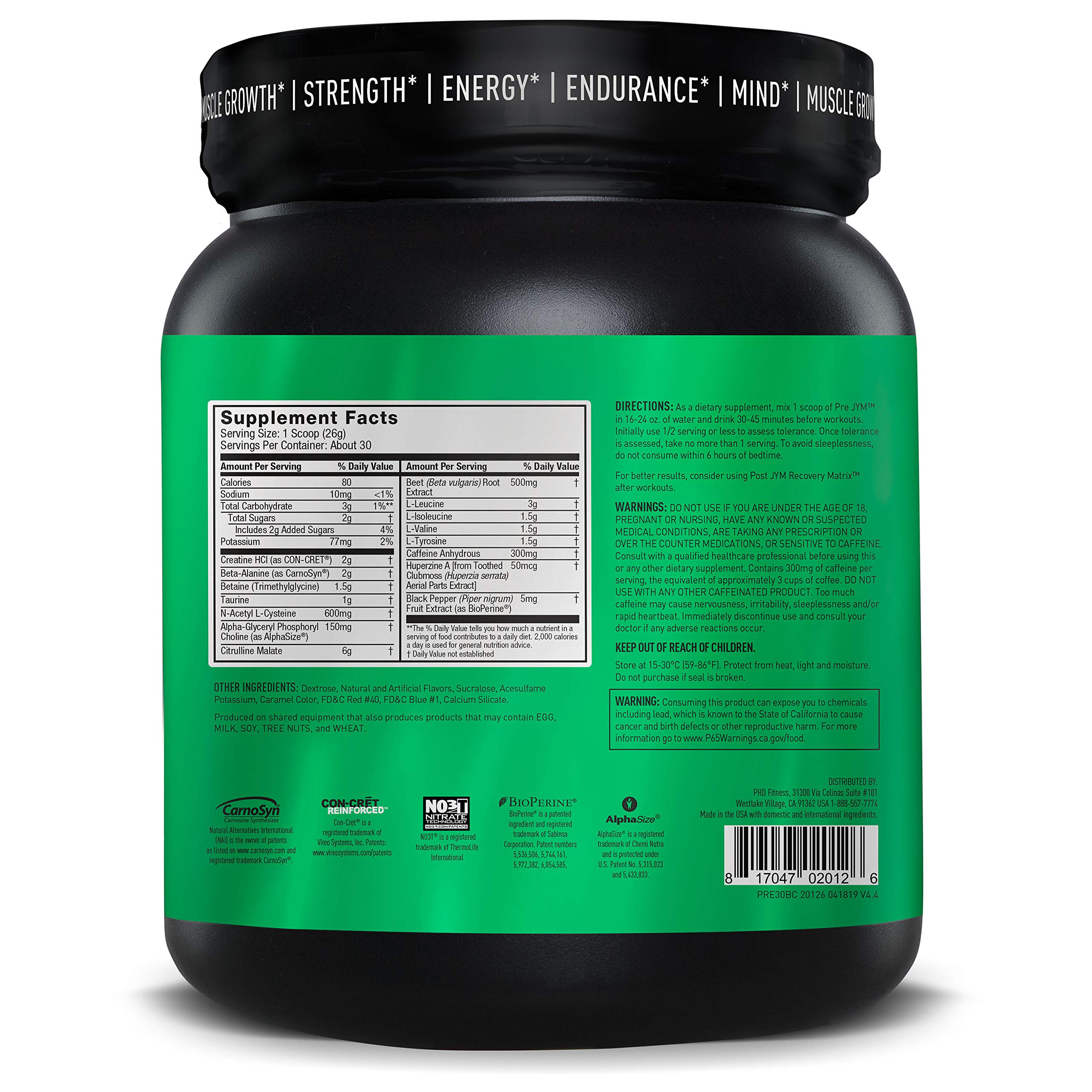 Pre JYM Pre Workout Powder BCAAs, Creatine HCI, Citrulline Malate