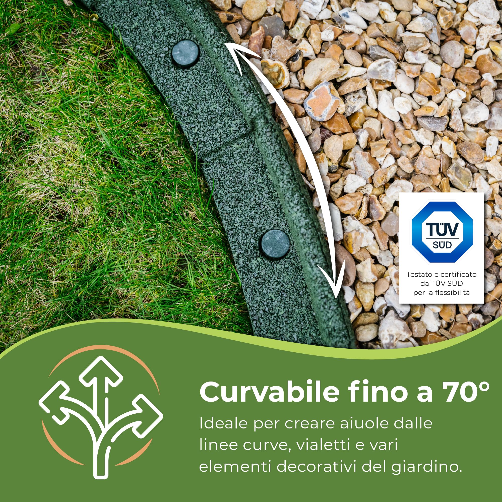 FlexiBorder - Bordura per aiuola - Bordura flessibile da giardino per prato all’inglese - vialetti - bordature rialzate - erba artificiale - Verde - Kit 2 x 1 m di lunghezza