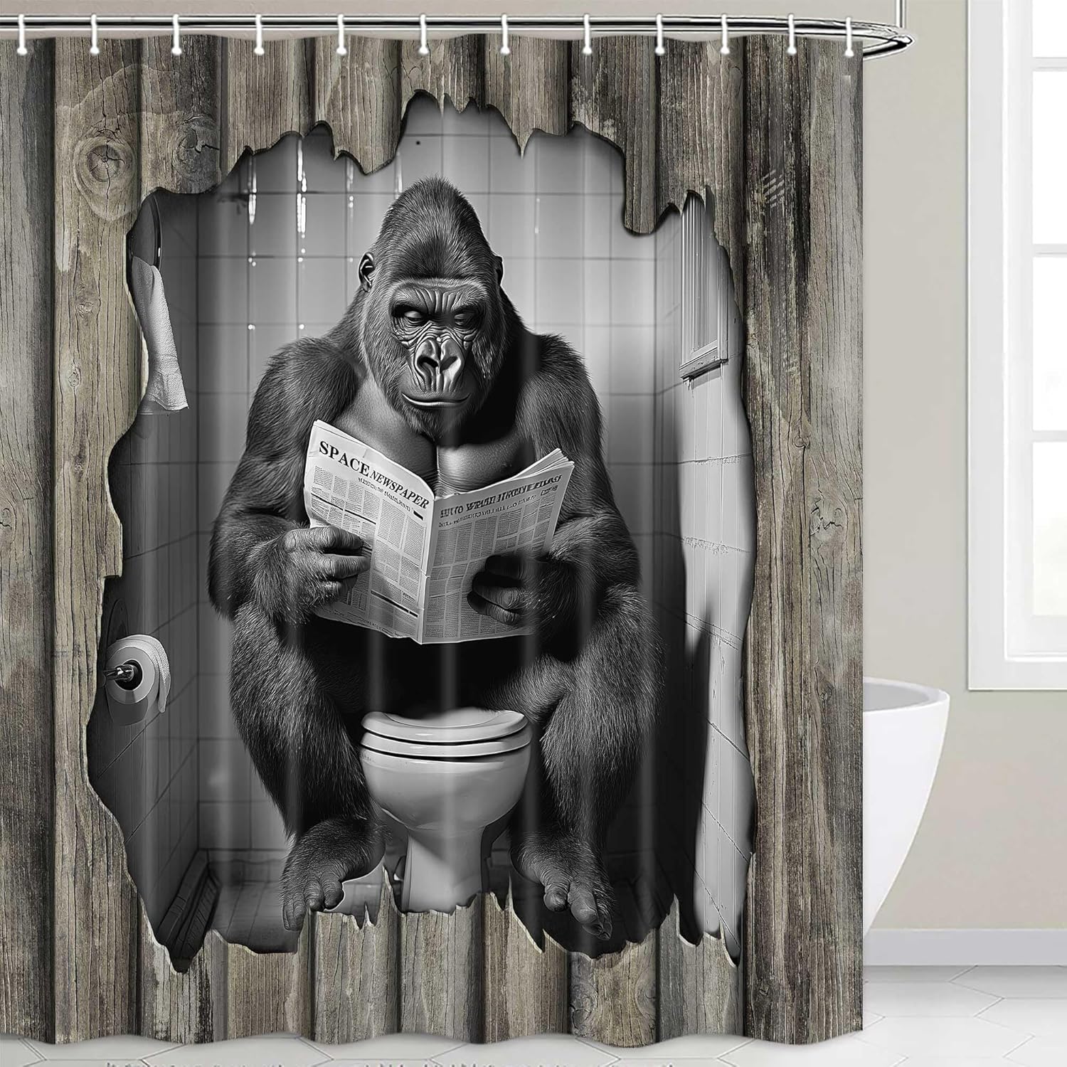Funny Monkey Shower Curtain, Rustic Wooden Animal Cute Cat Reading Newspaper on Toilet Bath Curtains Set, Humor Western West Farmhouse Fabric Bathroom Polyester Curtains with Hooks 70X84in