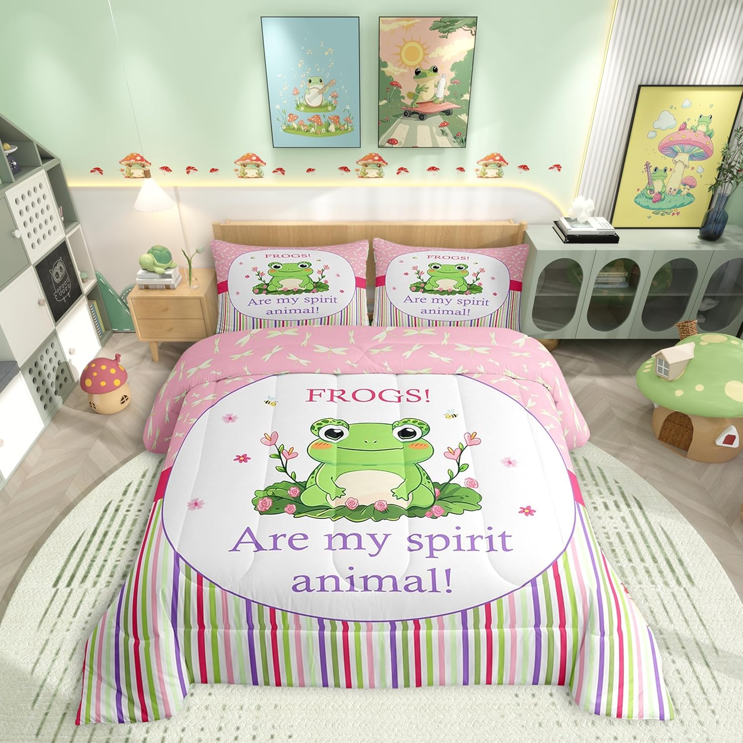 Castle Fairy Kawaii Frog Comforter Twin,Summer Cute Dragonfly Bee Flowers Quilt Comforter with 1 Pillowcase for Bedroom Decor,Pink Print Colorful Stripes Bedding Set Comfortable,Soft and Breathable
