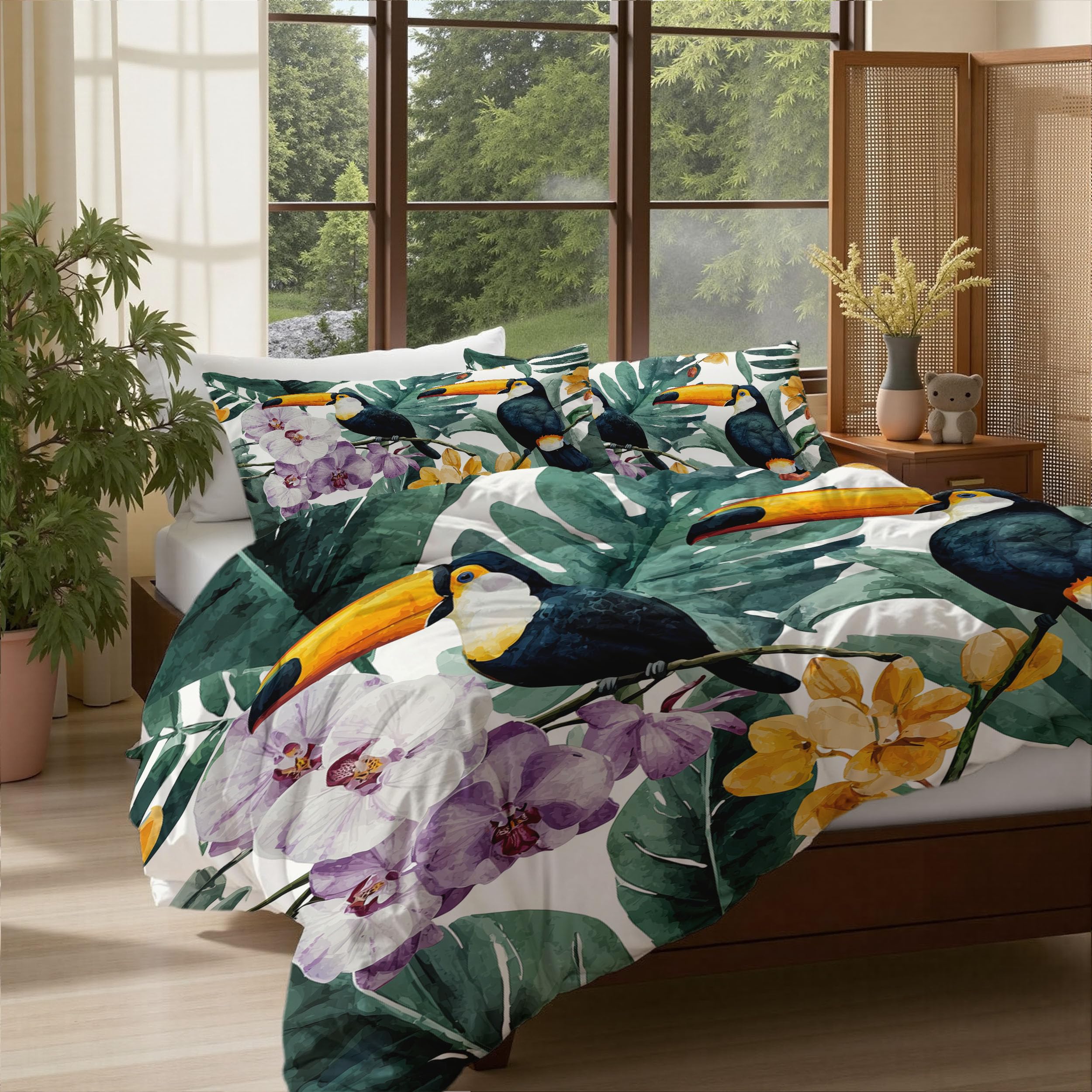 Housse de couette toucan 140x200cm pour chambre enfant ou adulte esprit jungle tropicale