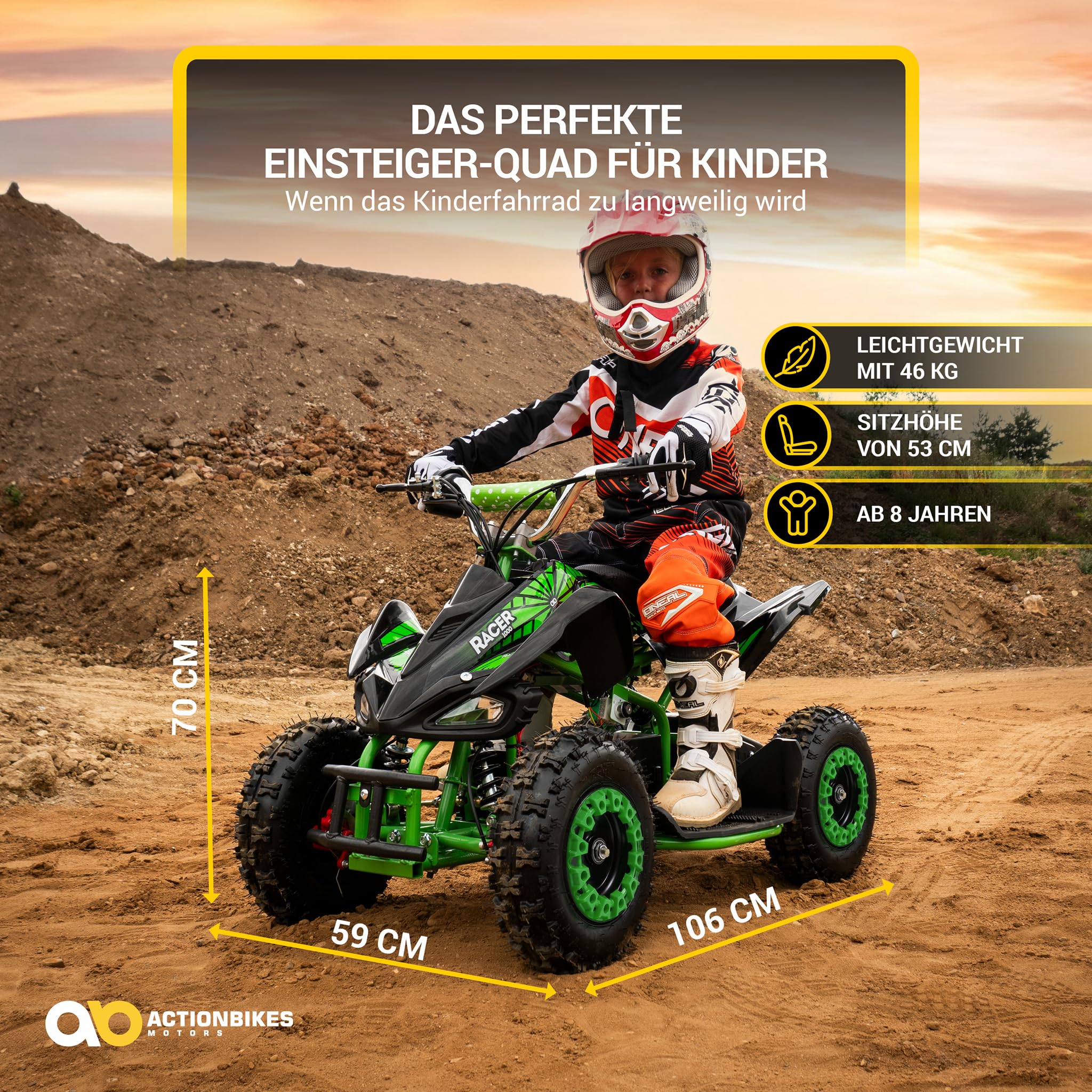 Actionbikes Motors Kinder Quad Elektro ATV Racer | 𝟑𝟔 Volt 𝟭𝟬𝟬𝟬 Watt Motor bis 𝟐𝟒 km/h - Kinderquad - Pocket Quad - Safety Touch Fußschalter - Für Kinder ab 8 Jahren (1000 Watt Schwarz/Grün)
