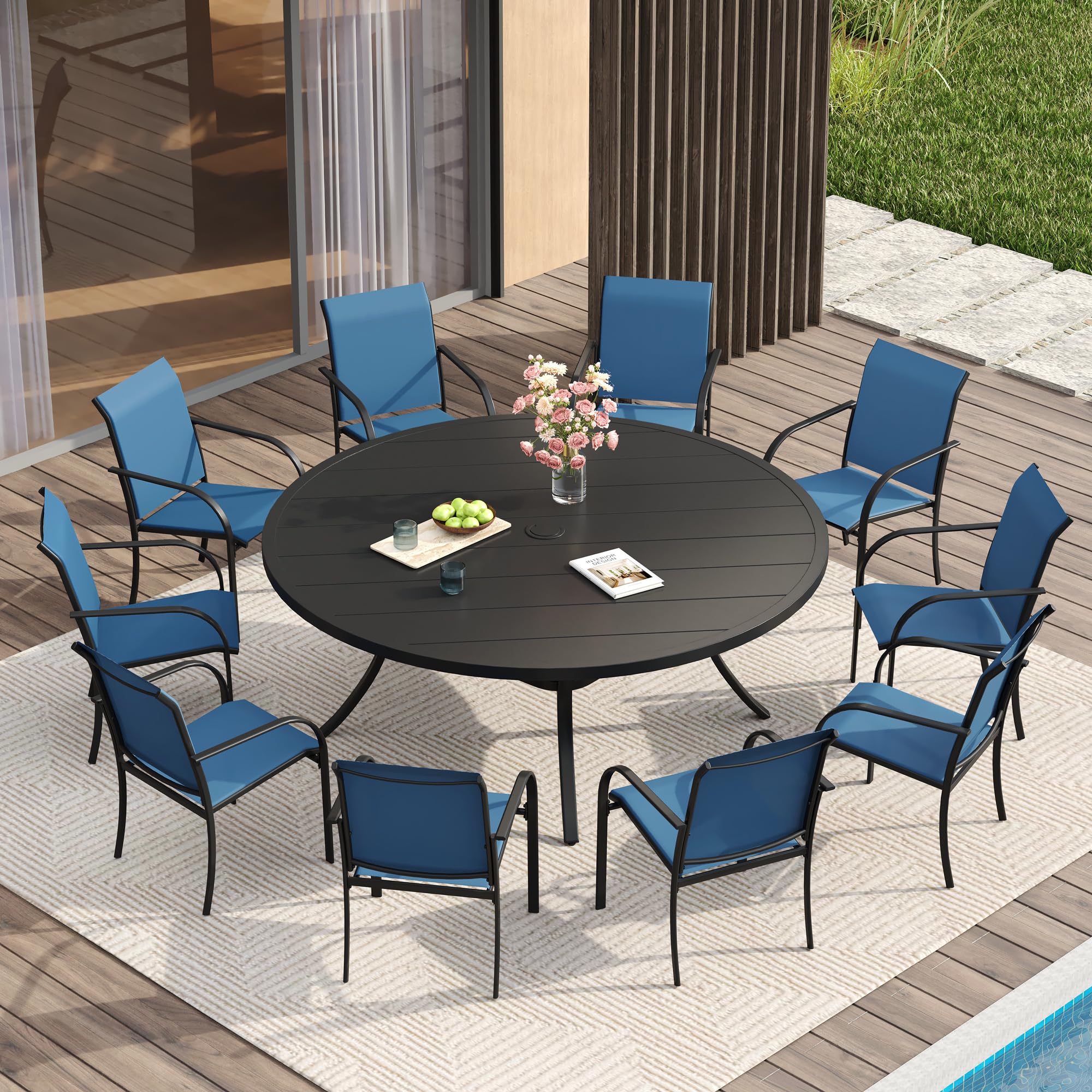 VICLLAX 11 Pieces Patio Dining Set for 10, Outdoor Furniture Set Includes 60" Round Outdoor Table and 10 Lawn Stackable Chairs, Black Tabletop and Blue Fabric