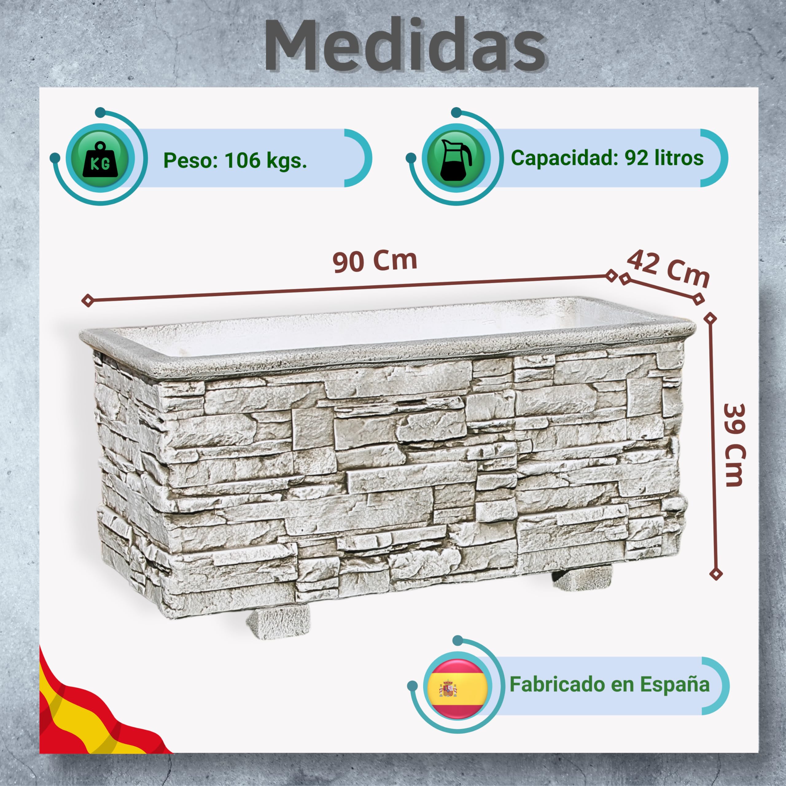 Jardinera Exterior de Lajas, Hormigón 90x42x39 cm, Ceniza | Maceteros grandes exterior y jardineras exteriores grandes; jardinera rectangular exterior de hormigón