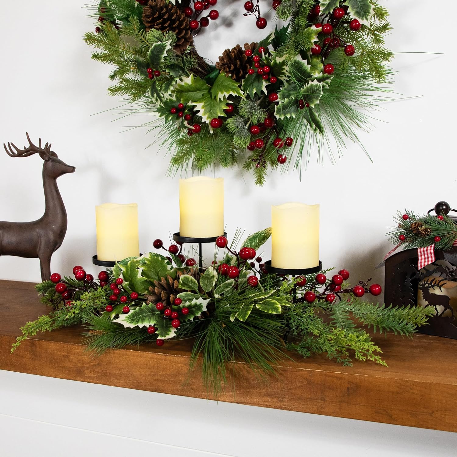 Northlight Holly and Berries Christmas Pillar Candle Holder with Pine Cones - 28"