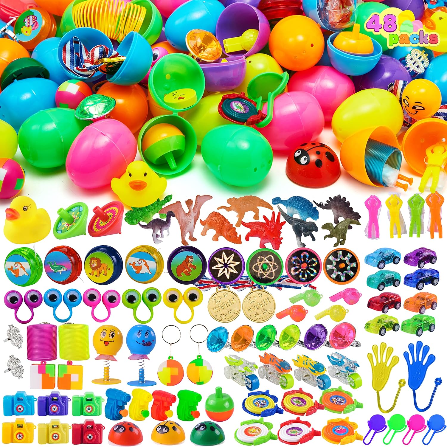 JOYIN 96Pcs Easter Eggs with Toys Inside, 48 Prefilled Easter Eggs with Popular Assorted Toys for Kids Boys Girls,Easter Party Favors Easter Eggs Hunt, Basket Stuffers Filler, Classroom Exchange