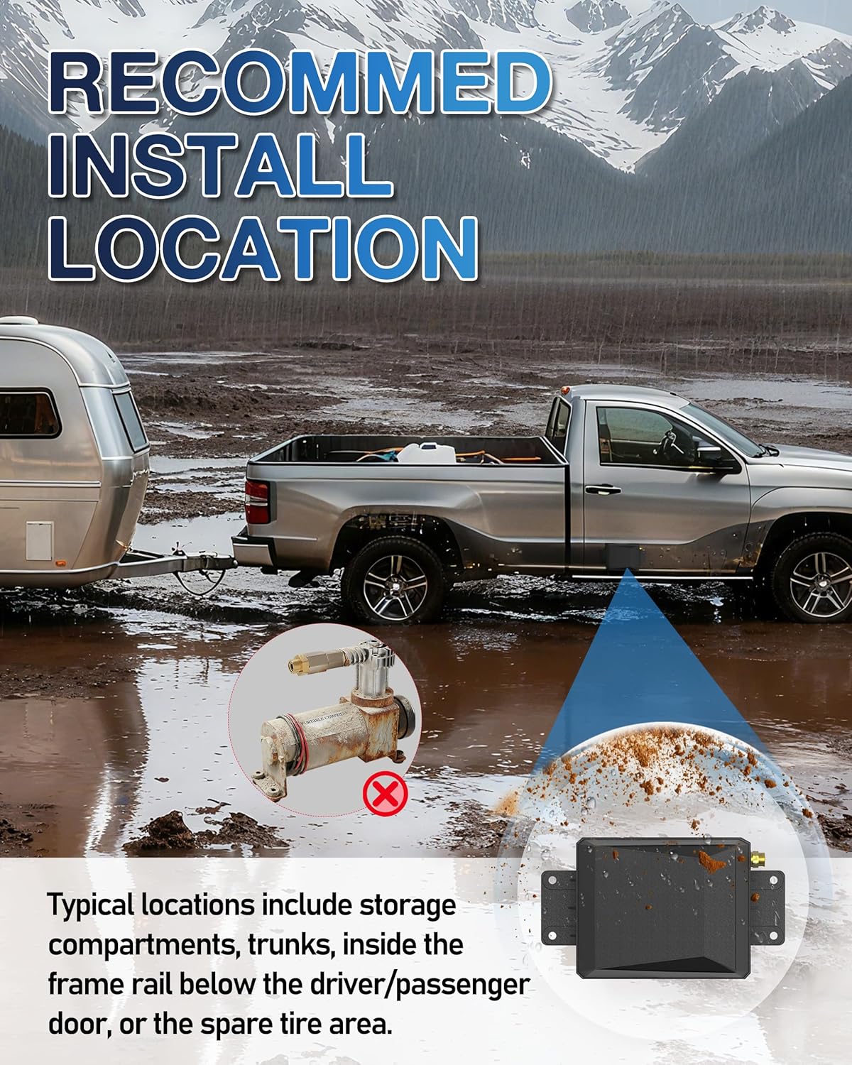 Onboard Air Compressor Kit for Air Bag Suspension, In-Cab Control System with On/Off Switch, 12V, 1/4" Air Line, Universal AirBag Compressor kit for Ford, Chevrolet Silverado, GMC Sierra, Dodge Ram