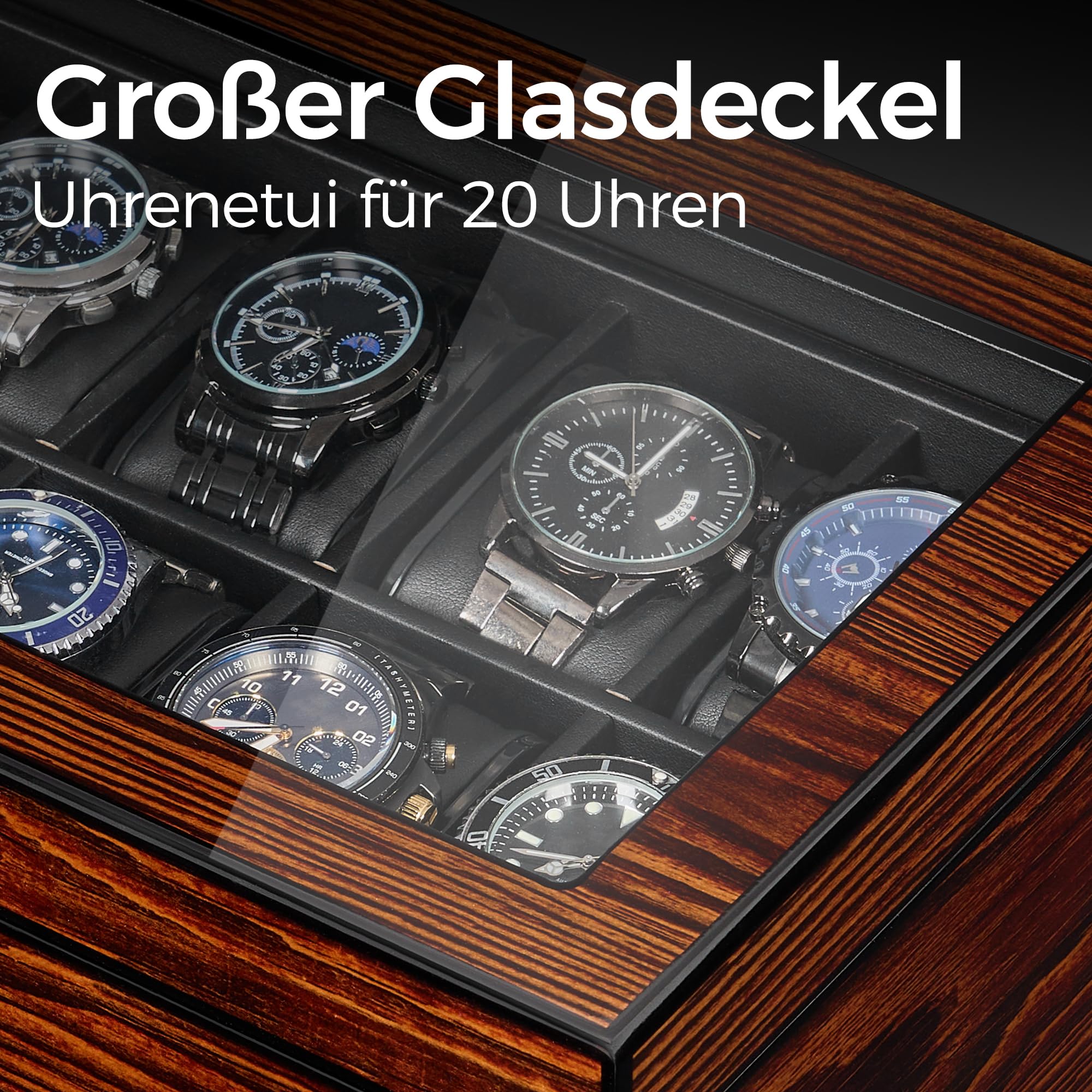 BEWISHOME Uhrenbox mit 20 Fächer Uhrenkasten mit Glasdeckel,Luxuriöser Uhrenkoffer für Männer,Glattem Kunstlederinterieur,Metallverschluss,Geschenkideen Uhrenbox Herren,Uhrenaufbewahrung Braun ESSH04Y