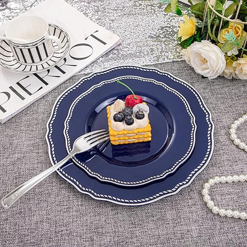 Miniatura 53 de Hioasis 60 platos de plástico dorados, vajilla desechable blanca y dorada con borde dorado, resistente, 10.25 pulgadas, platos llanos para fiestas