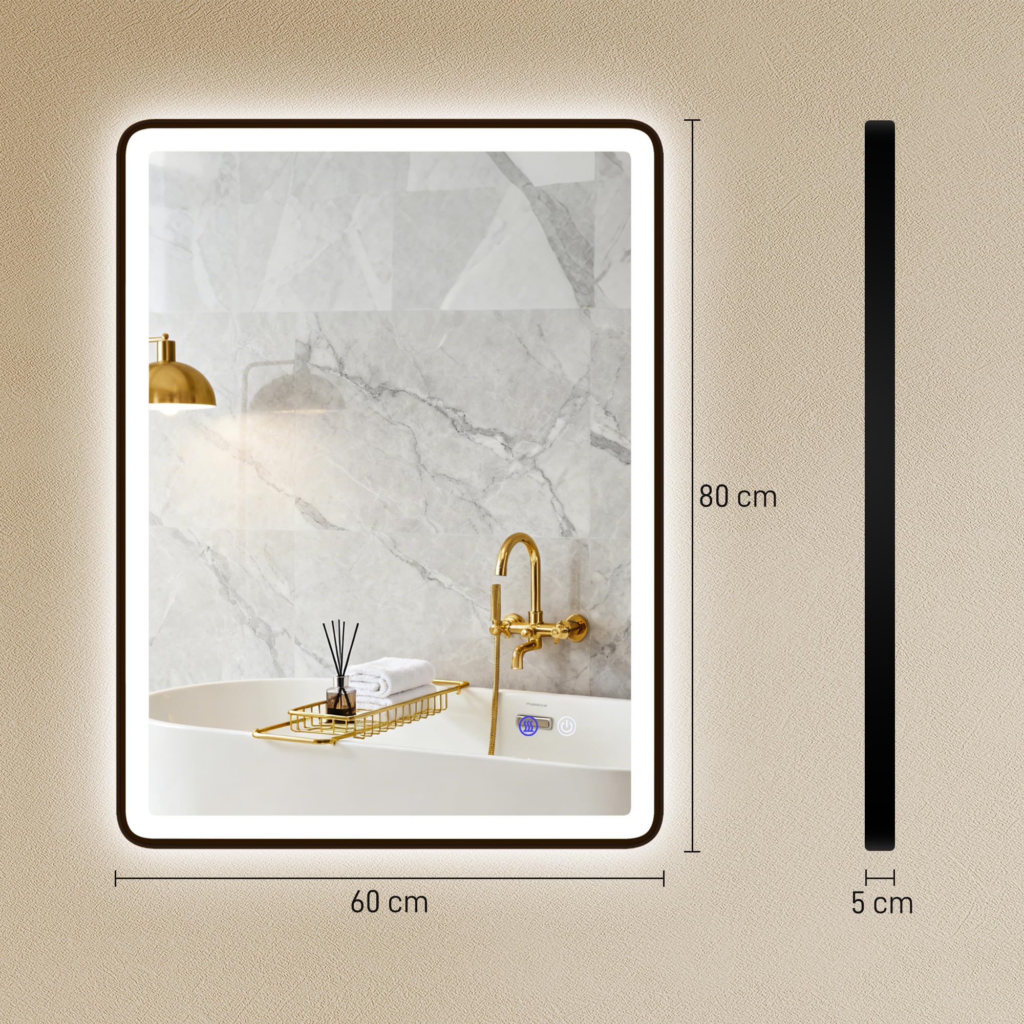 HOMCOM Espejo de baño LED con iluminación, 80 x 60 cm, 3 temperaturas de color, espejo LED antivaho, función de memoria, horizontal o vertical, espejo de maquillaje regulable con marco negro