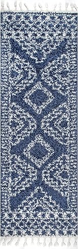 Miniatura 3 de nuLOOM Vasiliki - Alfombra marroquí de pelo largo con borlas, 2 pies 6 pulgadas x 10 pies, color azul