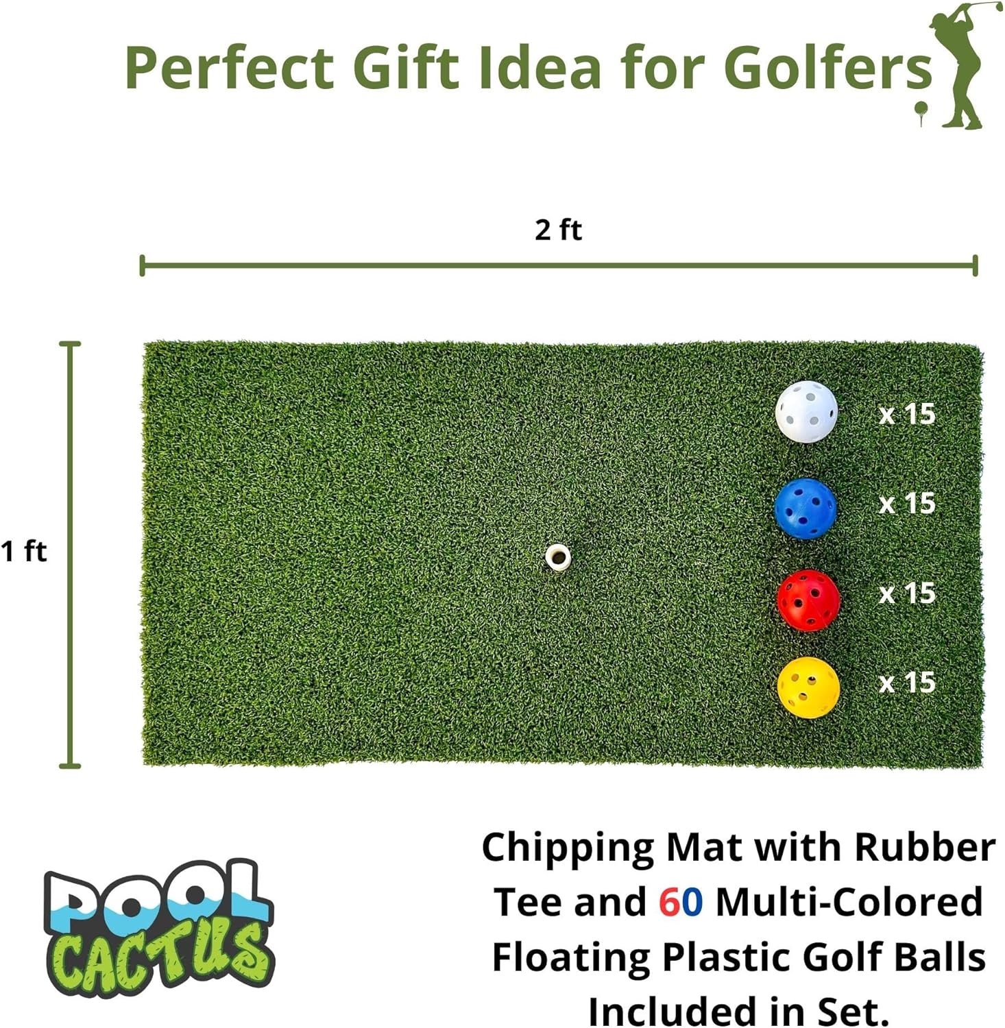 Floating Golf Green Set with Two Circular Floating Green Targets, Includes Chipping mat with Rubber tee, and 60 Multi-Colored Floating Plastic Golf Balls