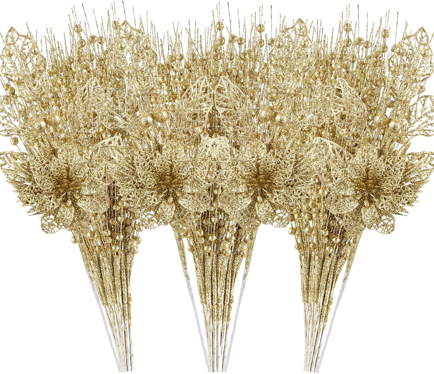 24 pack christmas tree ornaments - artificial flowers glitter berry stems christmas floral picks branches for xmas tree decorations vase filler holiday wedding party home decor (gold)