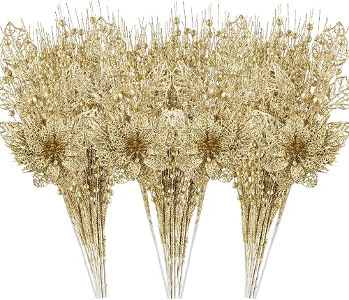 CristBest 24 Pack Christmas Tree Ornaments - Artificial Flowers Glitter Berry Stems Christmas Floral Picks Branches for Xmas Tree Decorations Vase Filler Holiday Wedding Party Home Decor (Gold)