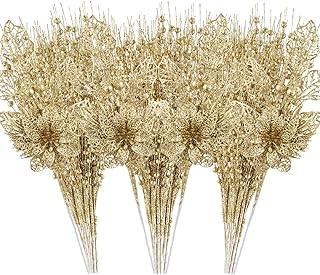 24 Pack Christmas Tree Ornaments - Artificial Flowers Glitter Berry Stems Christmas Floral Picks Branches for Xmas Tree Decorations Vase Filler Holiday Wedding Party Home Decor (Gold)