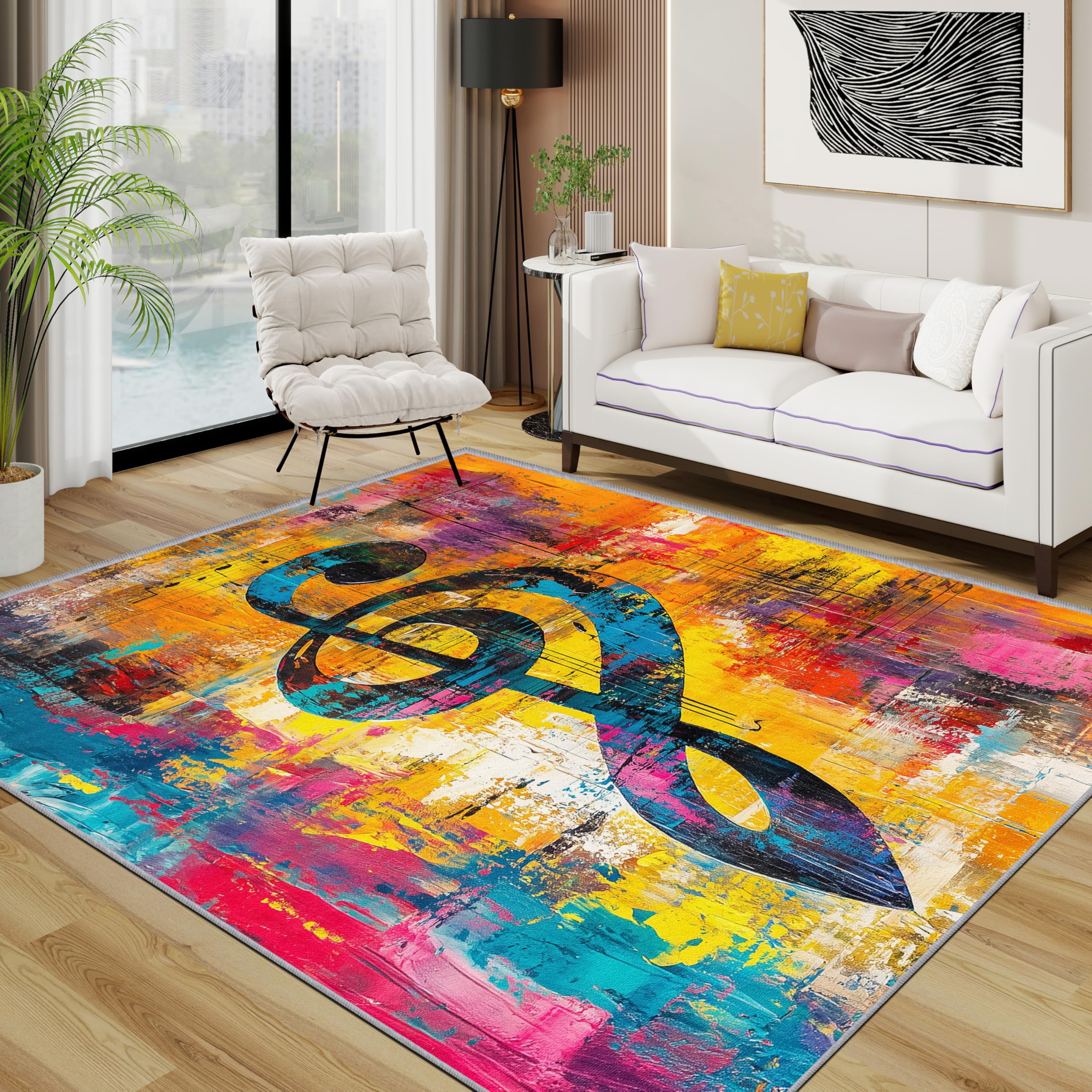 TerroVee Music Rug - Colourful Abstract Treble Clef Small Rugs for Bedroom 50x80, Musical Note Floor Mat Soft Washable Non Slip Indoor Mats, Music Home Decor
