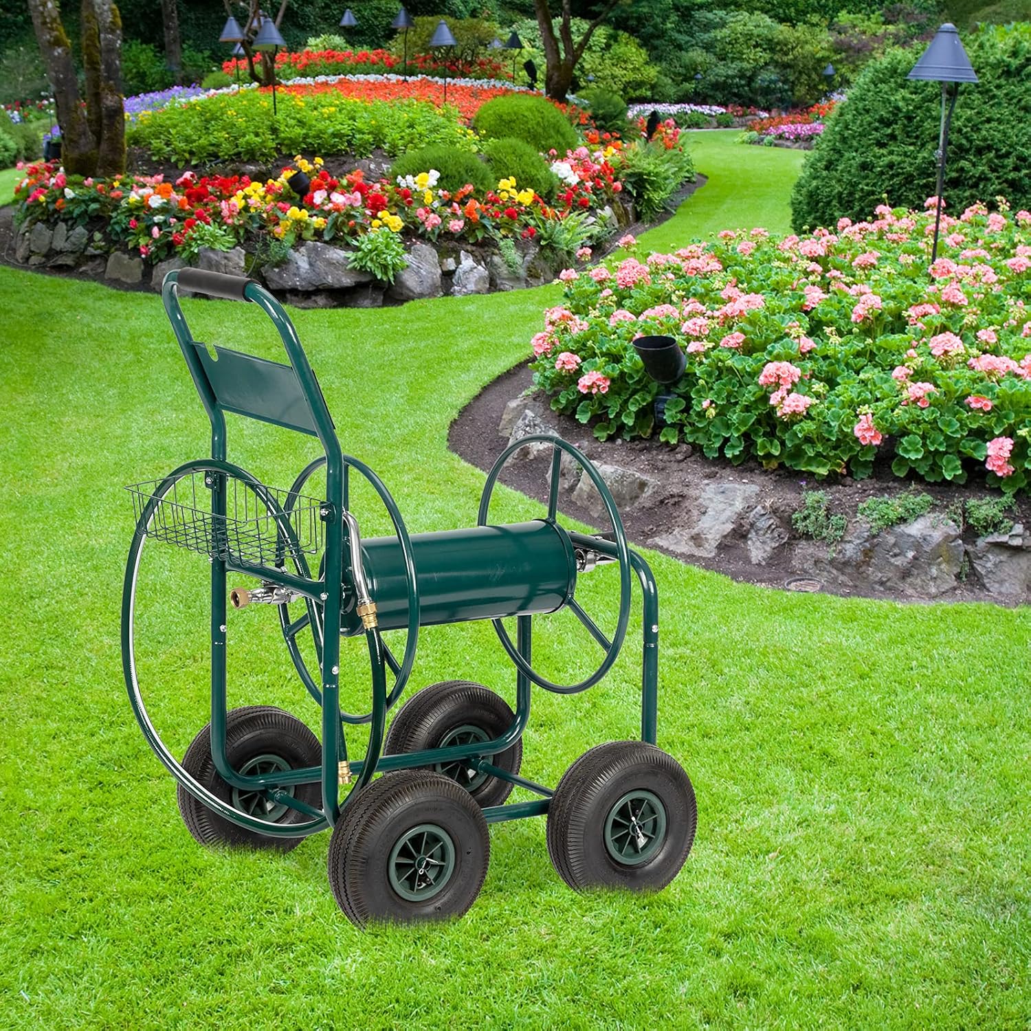 Vasitelan Hose Reel Heavy Duty Garden Hose Reel Sturdy Water Hose Reel Cart with 4 Wheels Storage Basket for Garden Lawn Yard Outdoor (Green)