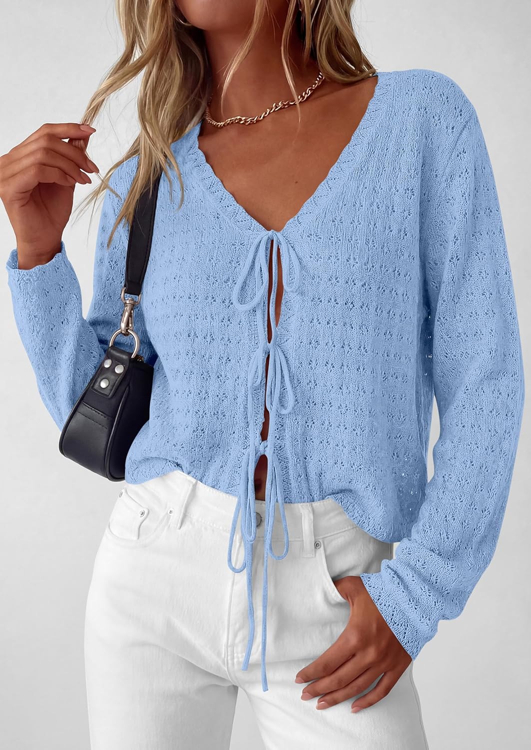 PRETTYGARDEN Crochet Cardigan Sweaters for Women Trendy Spring Summer Long Sleeve Tie Front Tops Boho Beach Vacation Clothes - Image 4