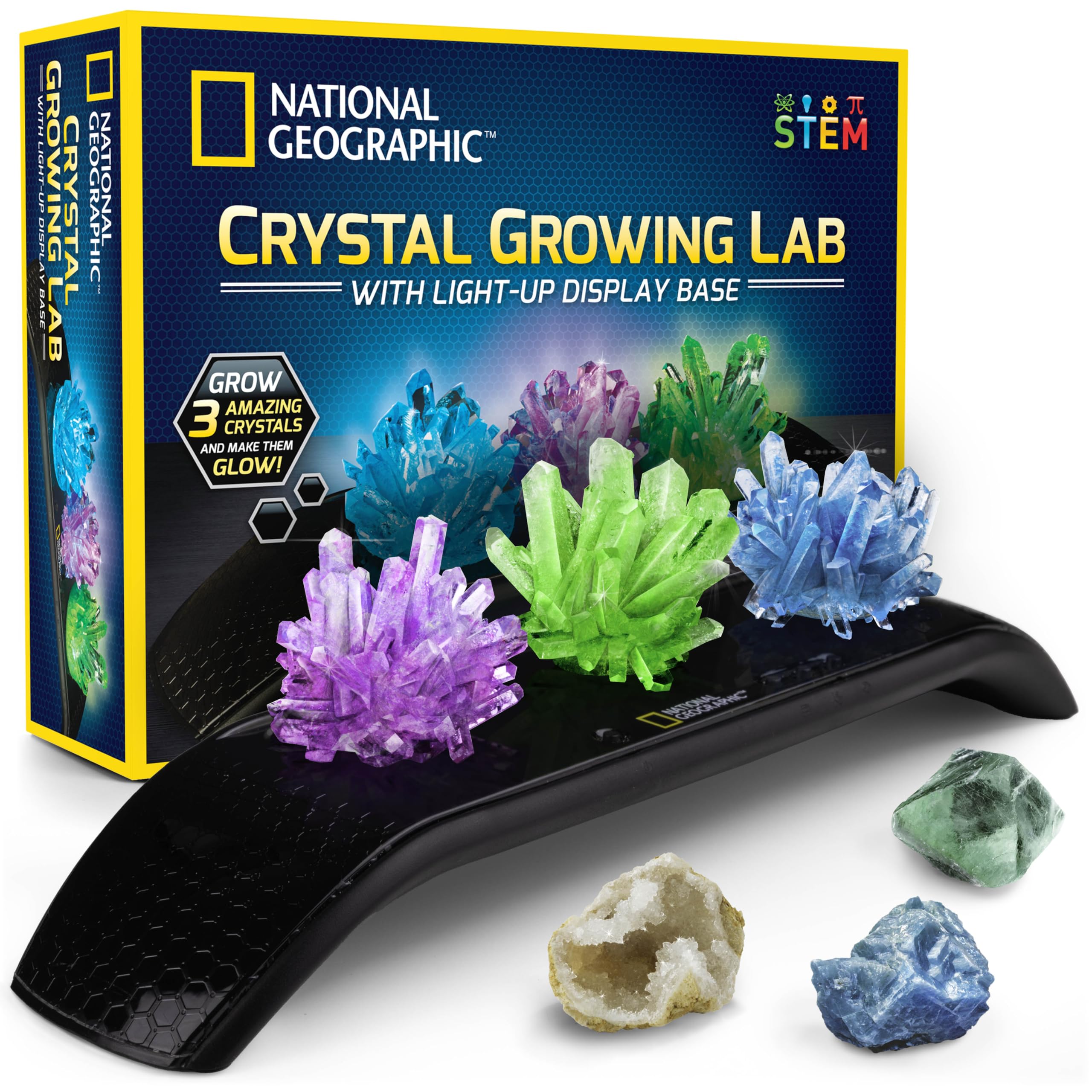 National Geographic Crystal Growing Kit - 3 Vibrant Colored Crystals to Grow with Light-Up Display Stand, Science Toy for Girls and Boys Ages 8-12, Includes 3 Gems, Cool STEM Gift (Amazon Exclusive)