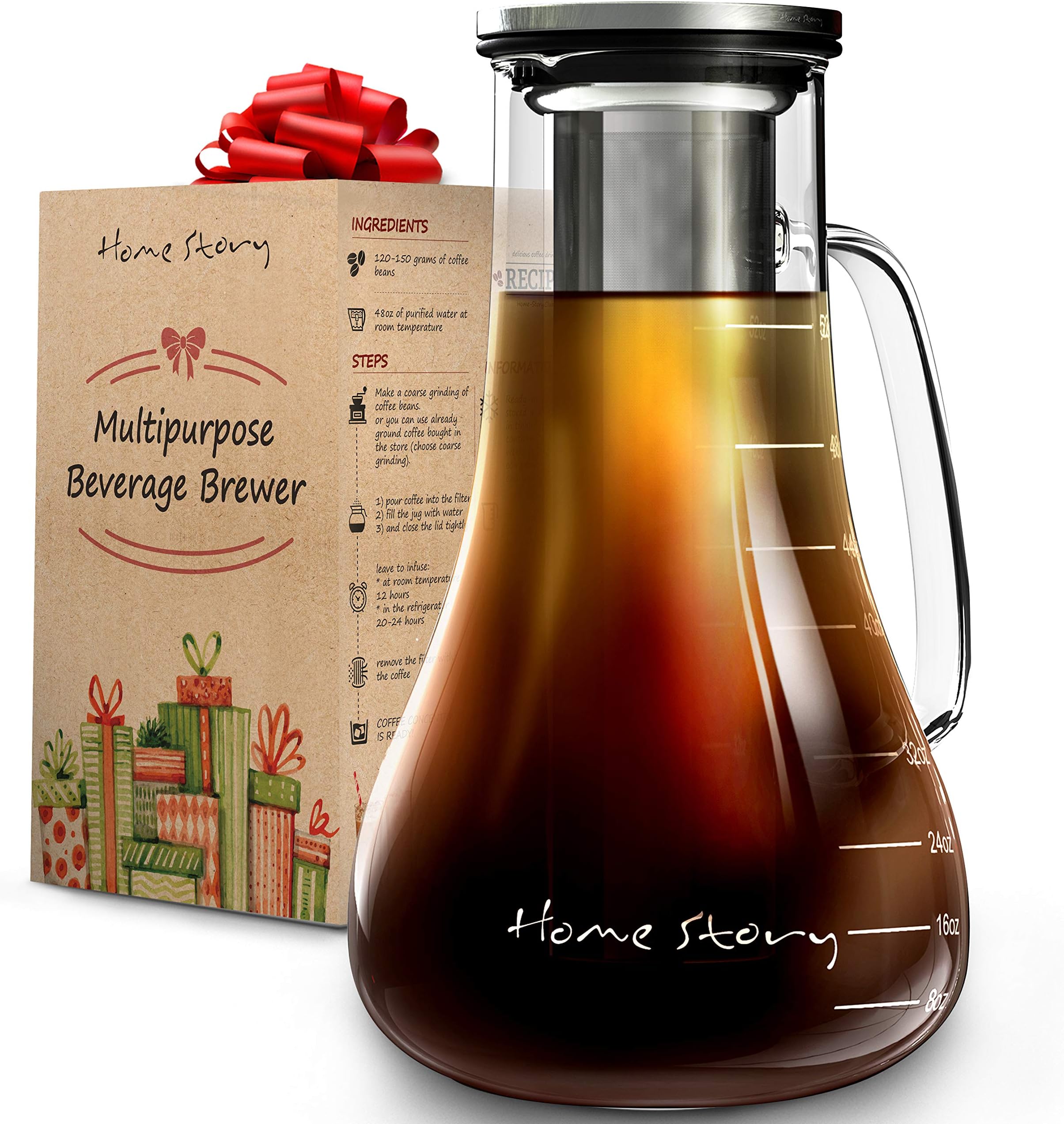 Cold Brew Coffee Maker Glass - Cold Brew Maker 52 oz - Cold Coffee Brewer Pitcher and Iced Tea Cold Brewing Coffee Maker - Works Even as Cold Press Coffee Maker or Hot Tea Maker Infuser Carafe Kit