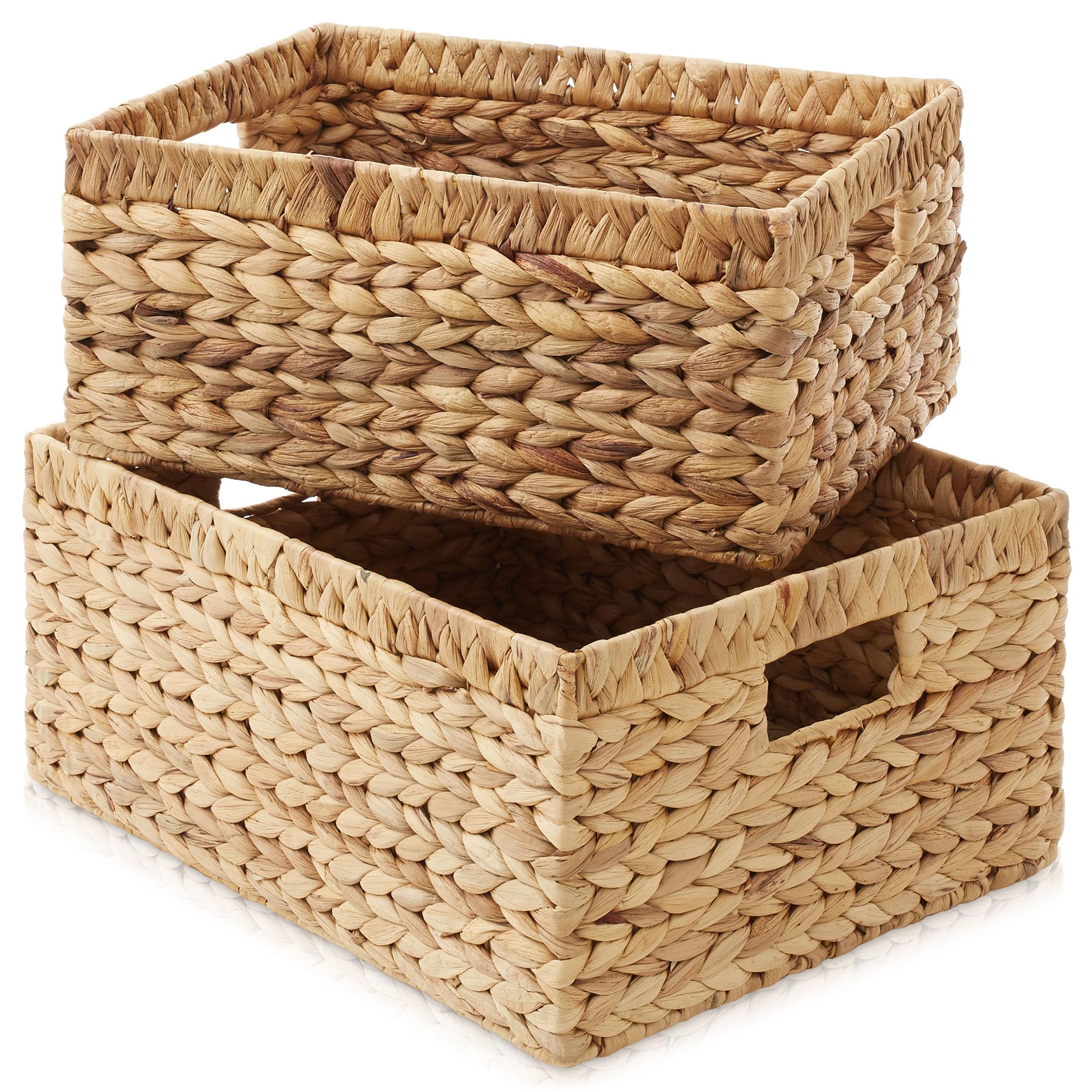 Casafield Set of 2 Water Hyacinth Storage Baskets with Handles - 1-Jumbo, 1-Large Woven Organizers for Bathroom, Laundry, Pantry, Office, Shelves