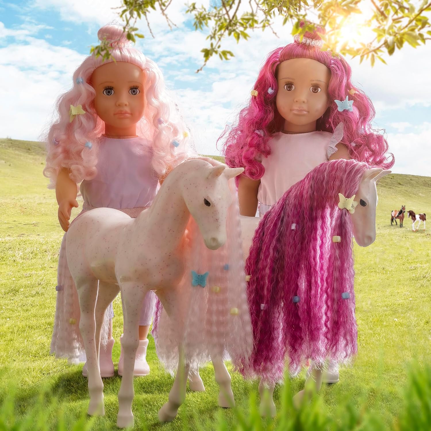 Our Generation – 18-inch Doll & Horse Foal Set – Matching Fuchsia Hair – Grooming & Styling Accessories – Pretend Play – Toys for Kids Ages 3 & Up – Estra & Delta