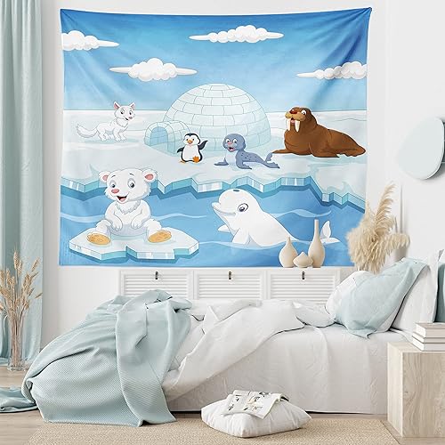 Miniatura 6 de Ambesonne Tapiz de animales tamaño King, imagen de animales árticos, osos polares, foca, pingüinos, lobos, ballenas, obra de arte, colcha para