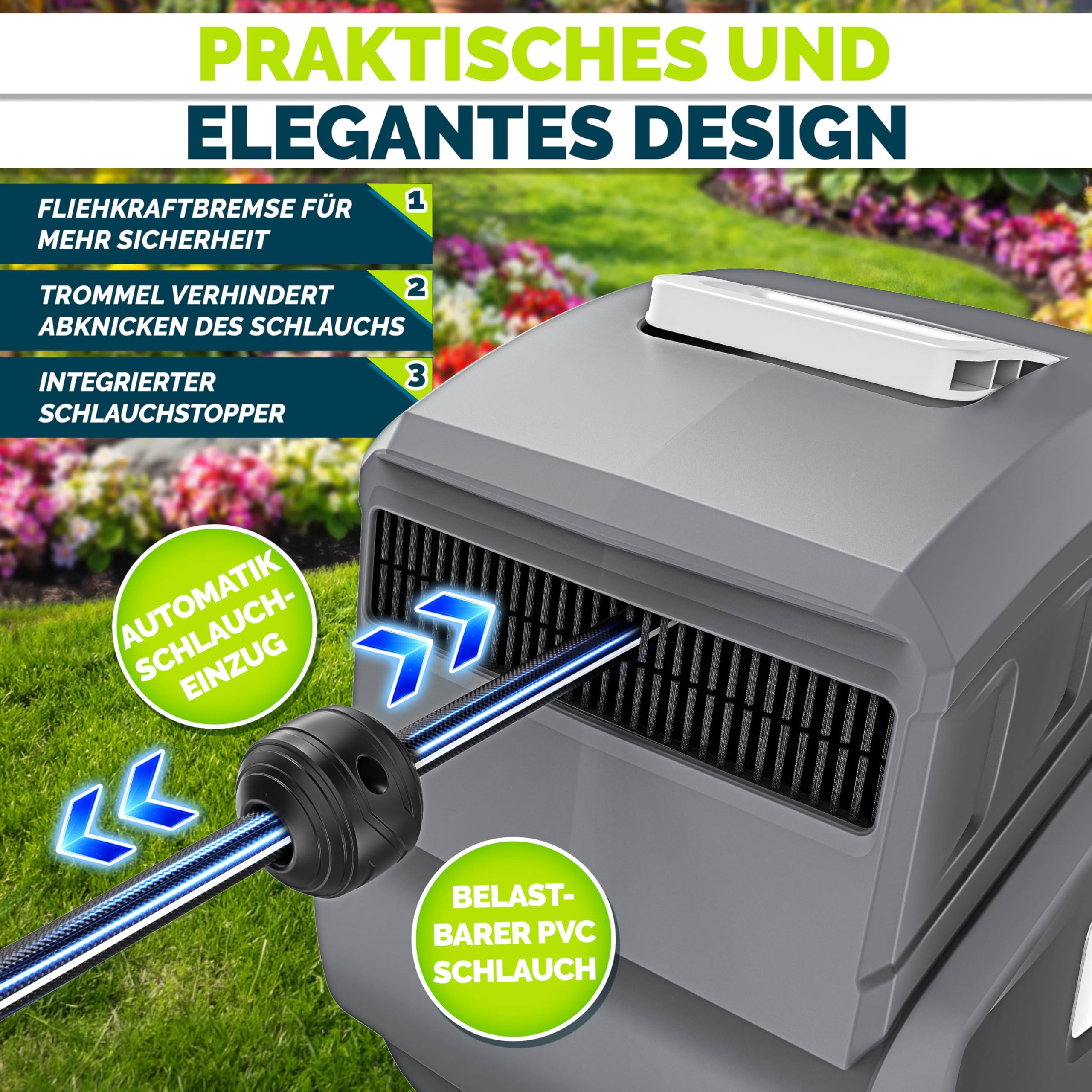 tillvex Schlauchtrommel Wasser mit Wandhalterung + Tragegriff | Schlauchaufroller mit Handbrause und Gartenschlauch | 180° Schwenkbar | Wand-Schlauchbox mit Aufroll-Automatik (Grau, 30m)