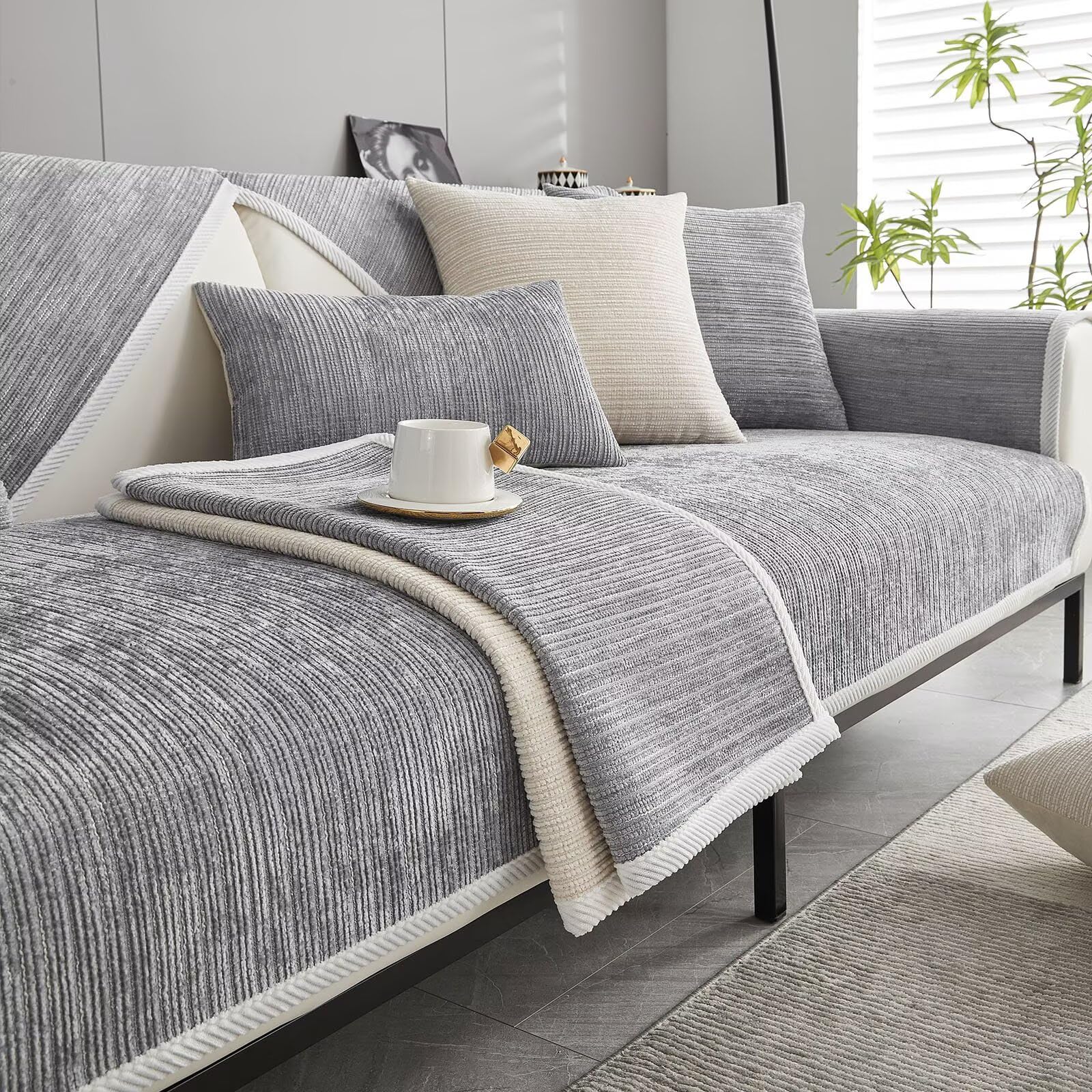 Bettschlange Sofa Überzug, Couch Überzug L Form 1/2/3/4 Sitzer, Sofa Cover Sofabezug Ecksofa rutschfeste Sofaschoner, Sofadecken für Sitzfläche, Universelle Sofa Überwurf,Hellgrau,110 x 240 cm