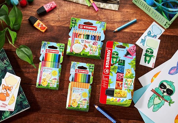 STABILO - Crayons de couleur - Woody 3in1 Animal Vibes - 5 crayons de couleur décorés -taile crayons inclus - étui carton Animal Vibes - 4