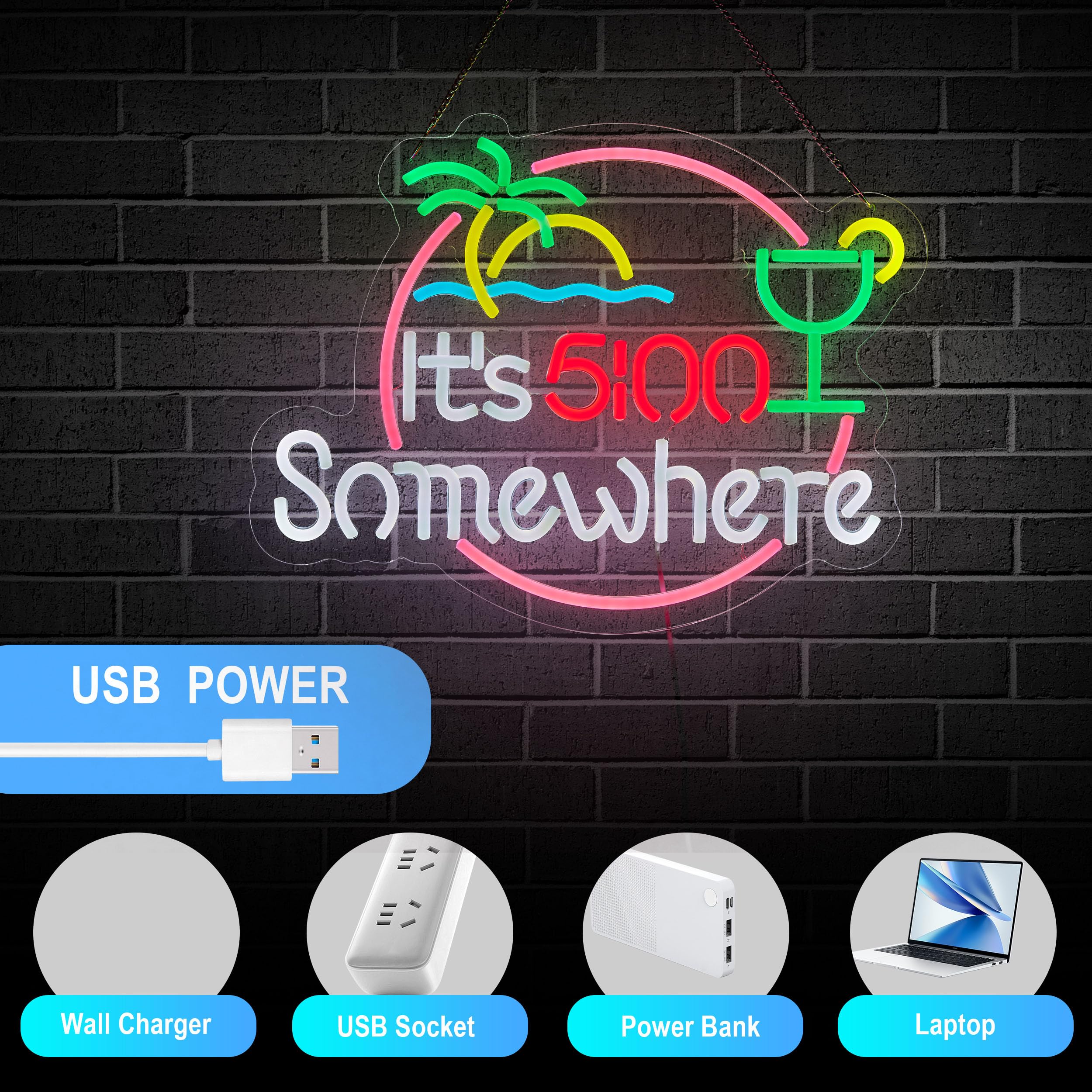 VIVID SIGN New It's 5 o'Clock Somewhere Parrot Palm Tree Lake Beer Cute Super Bright Vivid LED Neon Sign Lamp 10