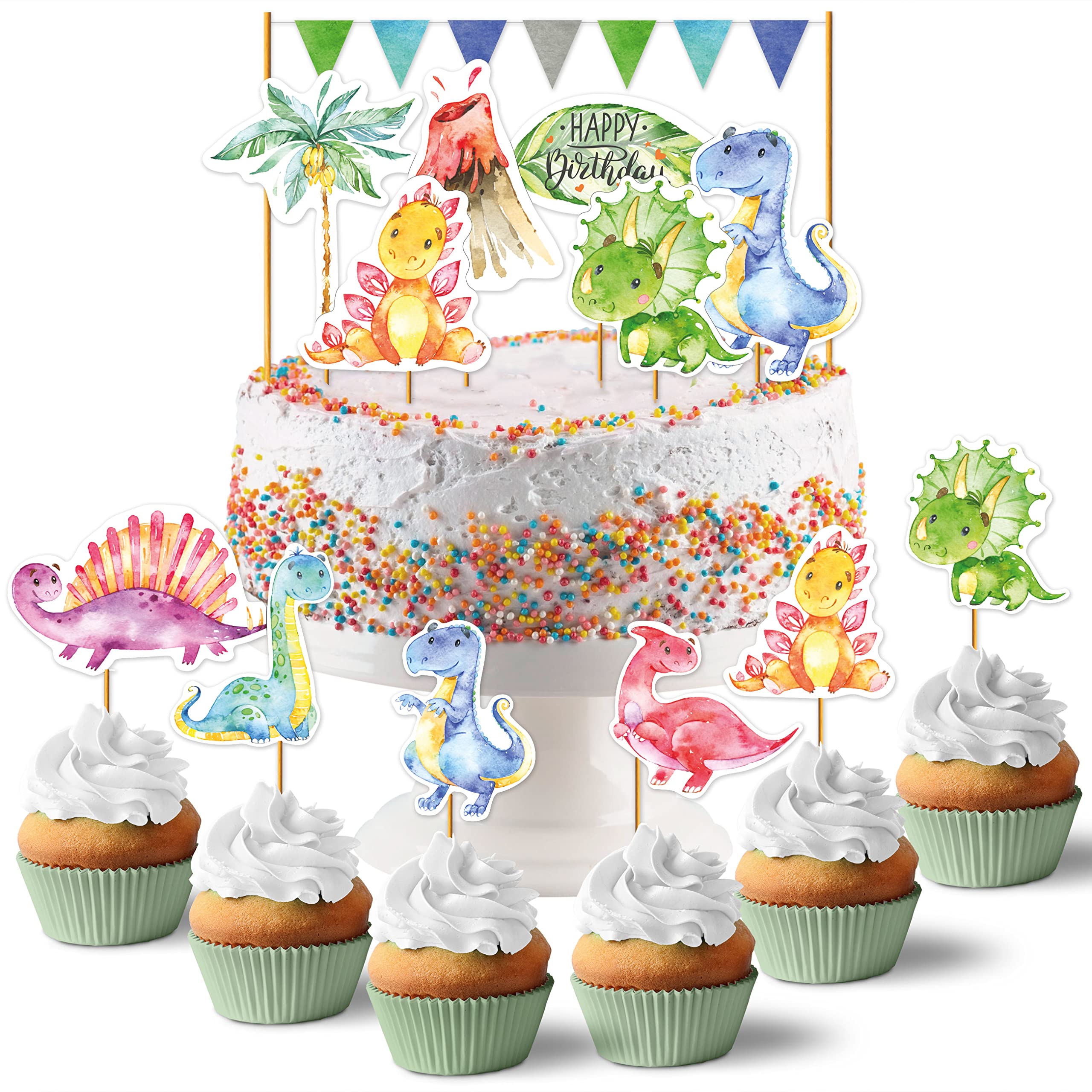 Papierdrachen Cake Topper Dino - Decoración para Tarta Cake Topper 18 Piezas - Decoración para Tarta de Cumpleaños - Decoración para Tarta de Cumpleaños Infantil - Set 4