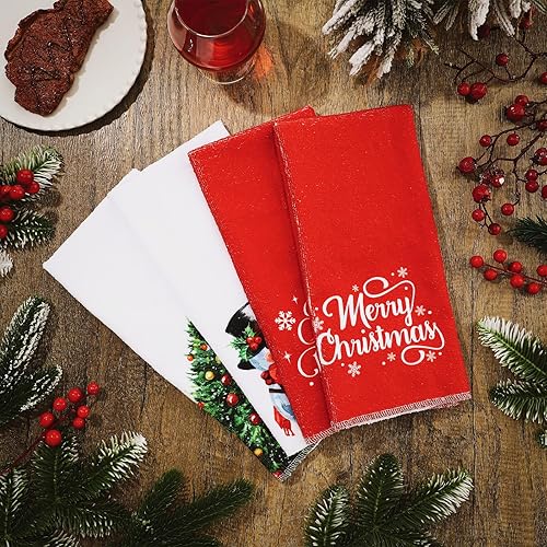 Miniatura 2 de Kinlop 4 toallas de cocina de Papá Noel de Navidad, toallas de mano para árbol de Navidad, paños de cocina absorbentes rojos, muñeco de nieve, árbol