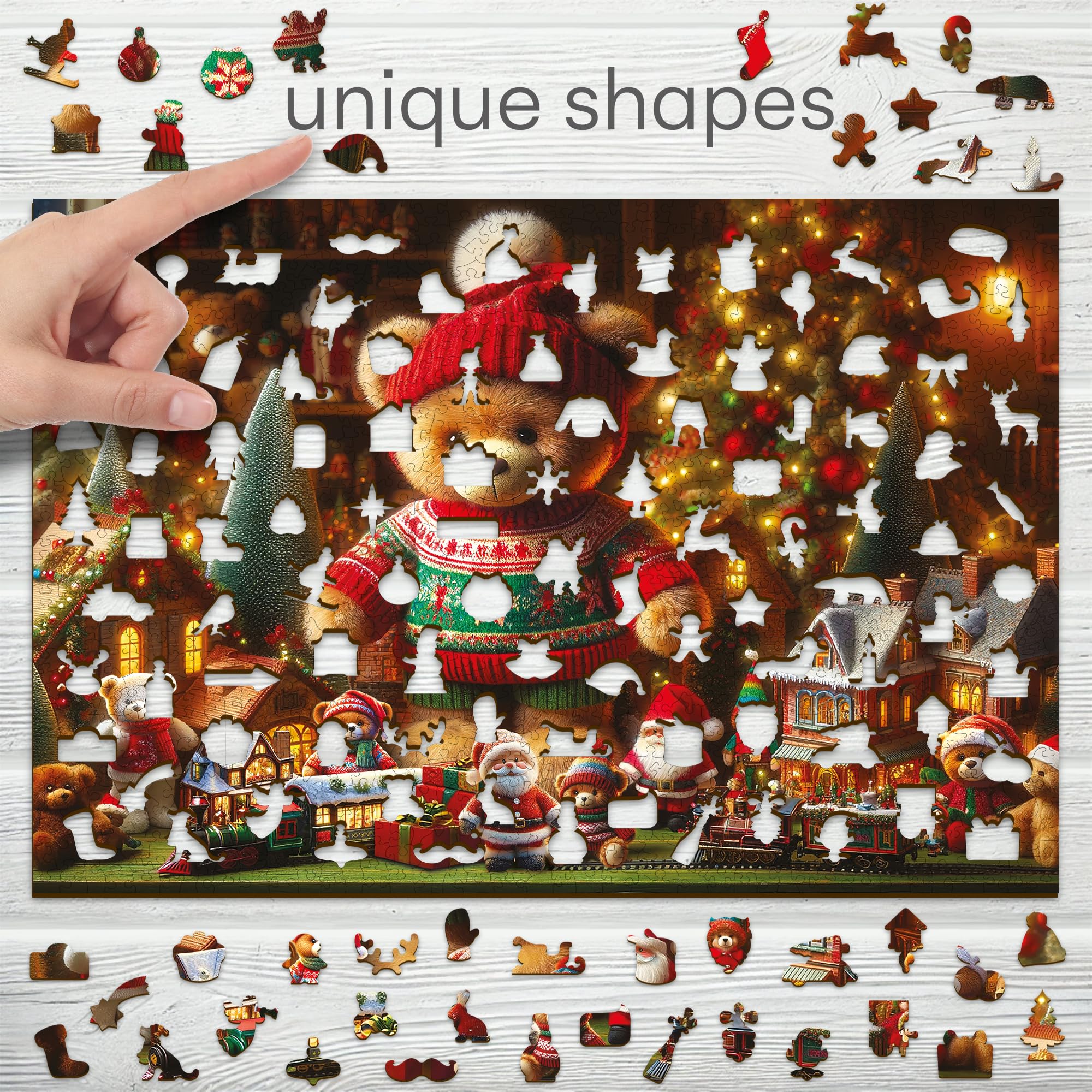 WOODEN.CITY Drewniane puzzle bożonarodzeniowe, 1000 elementów, świąteczny miś, ze 100 unikalnymi figurkami o tematyce świątecznej, wyprodukowano w UE, idealne do rodzinnej zabawy i świątecznego