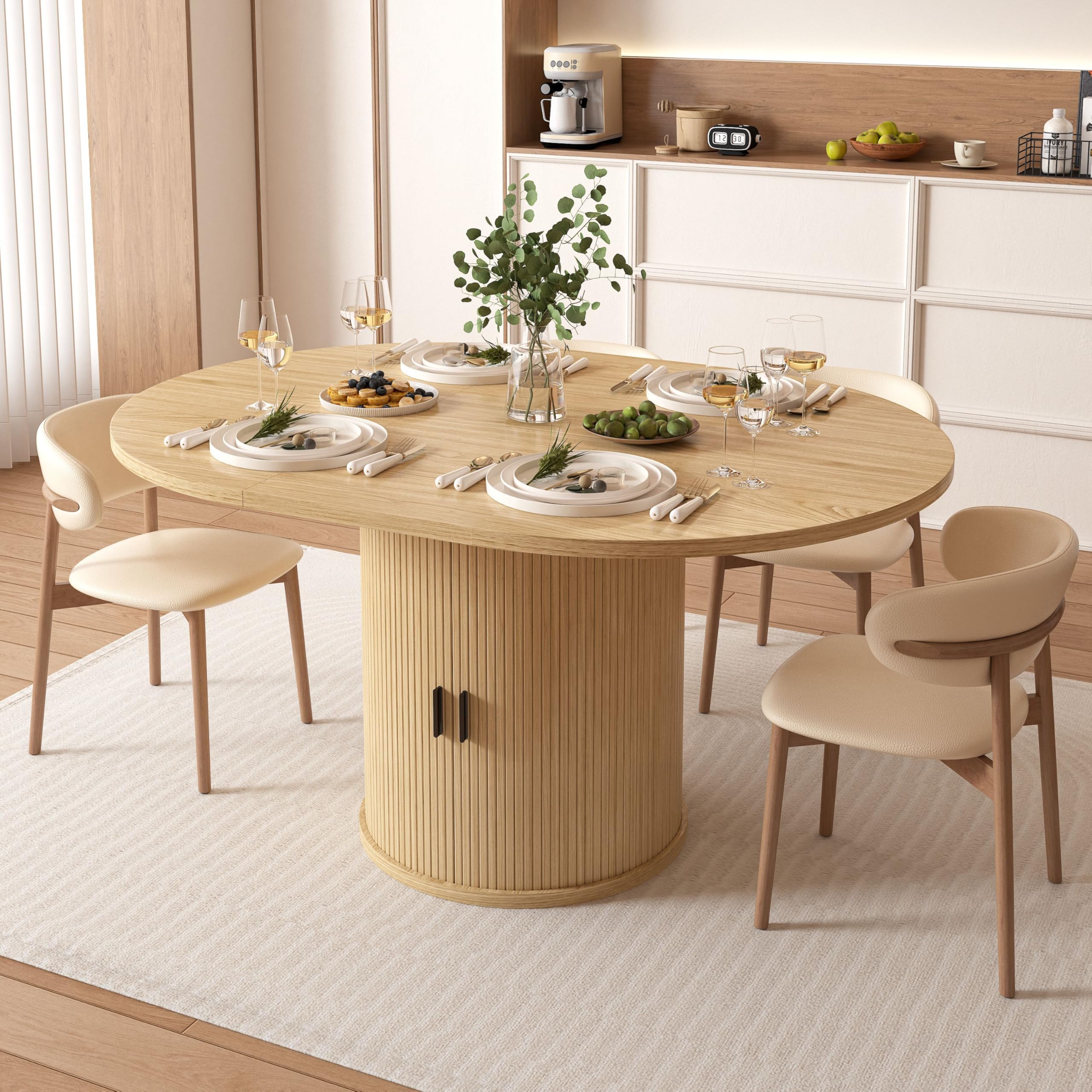 Vipbear Extendable Dining Table 43-59" for 4-6 People, Solid Wood Top with Fluted Slide Door & 8-Compartment Storage, Space Saving Dinner Furniture with Pedestal Base
