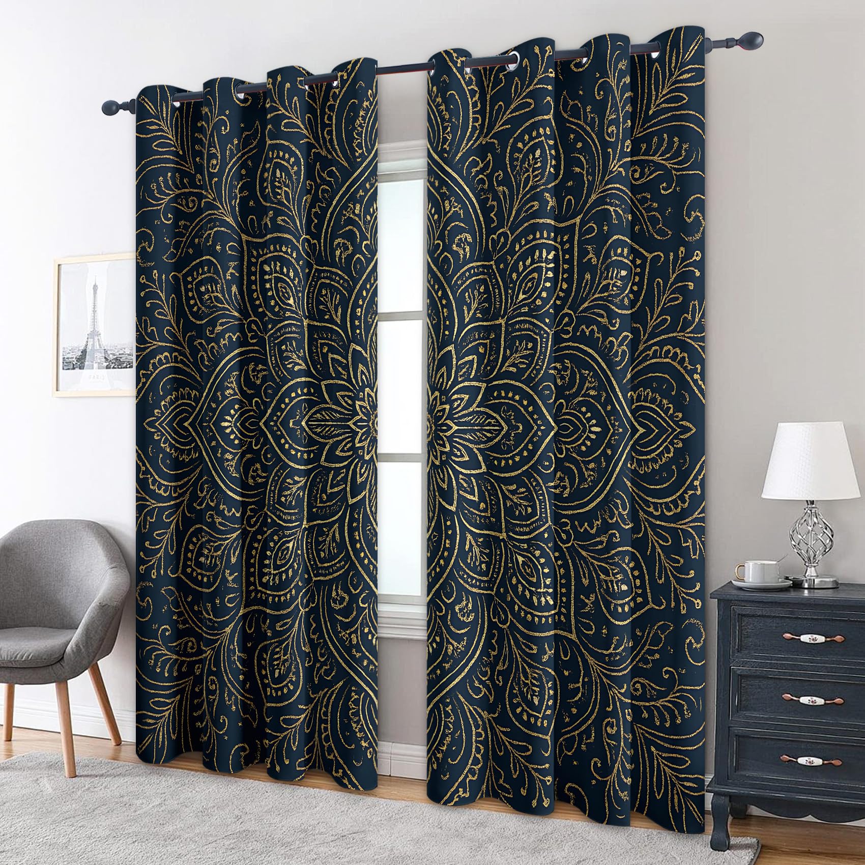 Generisch Mandala Vorhänge Blickdicht, 137 cm Lang, Böhmen Marineblau Ethno Thermo Gardinen mit Ösen, Wohnzimmer Schlafzimmer Deko Blackout Curtains H 137 x B 117, 2 Stück FQ228