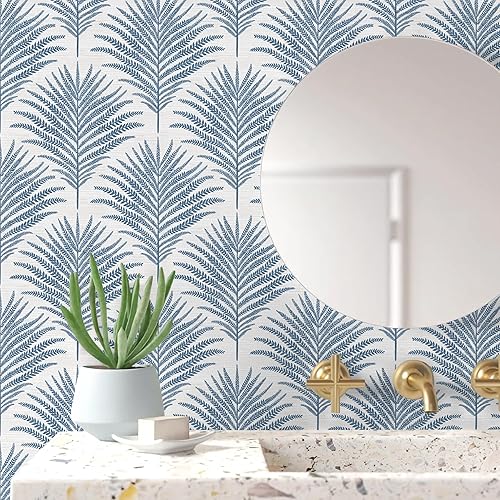 Miniatura 4 de Rugreat Papel tapiz de color azulblanco para despegar y pegar, papel de contacto moderno de hoja de palmera para armarios, autoadhesivo, extraíble,