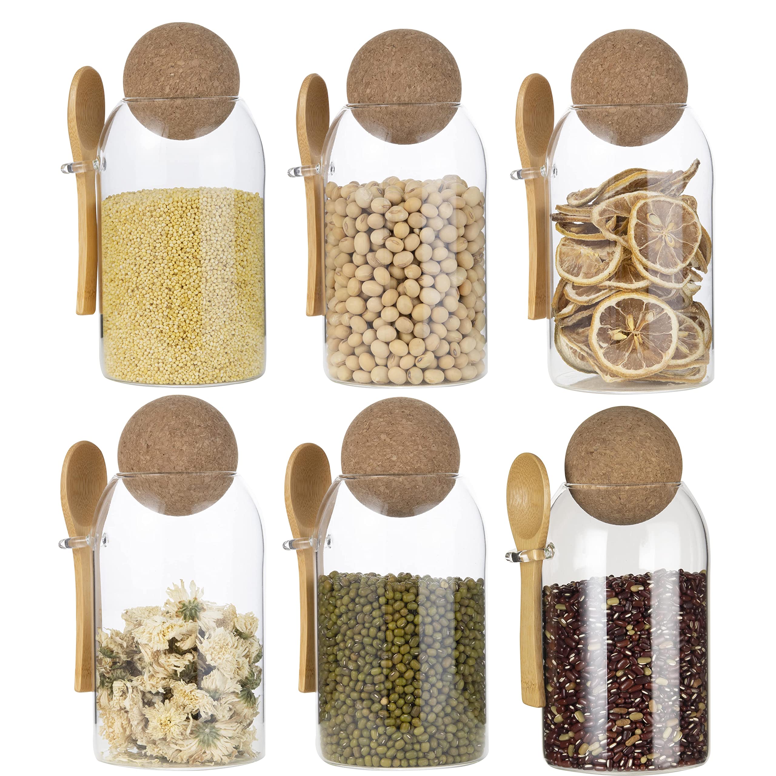 ORNAMI Clear Glass Storage Jar with Cork Ball, Mason Canister with Spherical Lid and Spoon (0.8L, Set of 6)