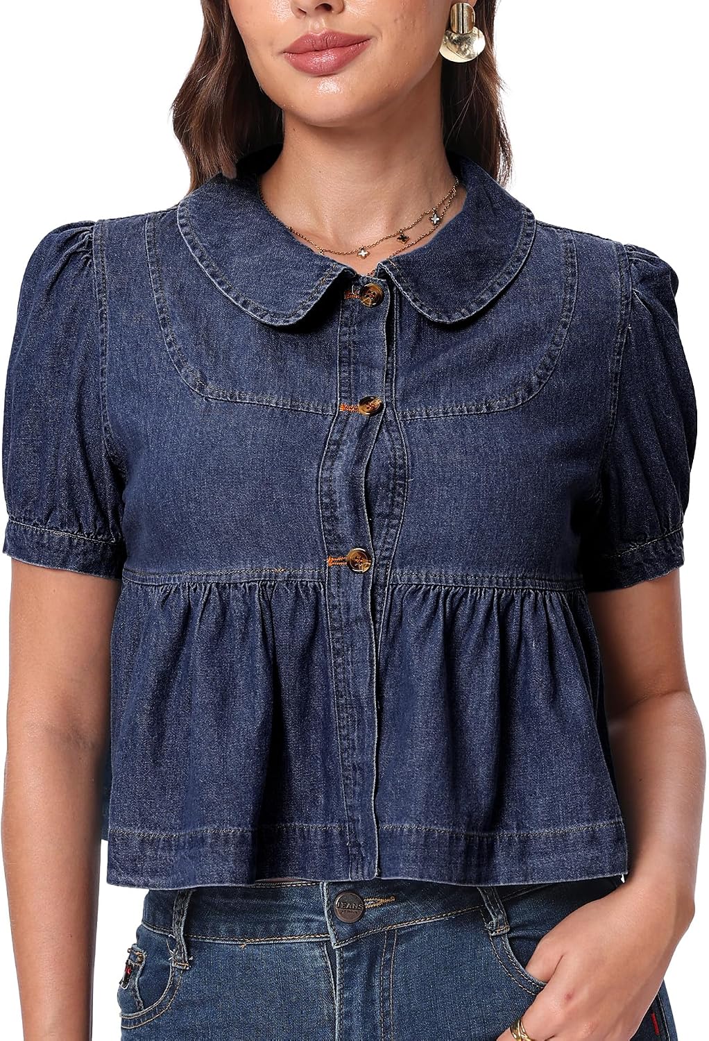SUNNOW Women's Denim Peter Pan Collar Blouse - Ruched Puff Sleeve Peplum Top with Button Front for Casual Wear