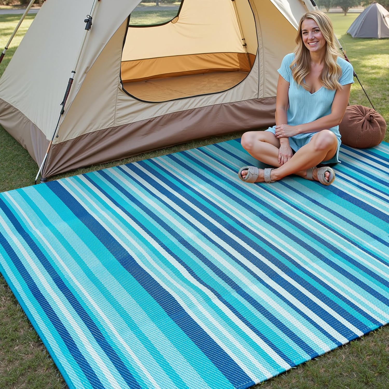 Outdoor Plastic Straw Rug Waterproof Patio 6x9 Blue Teal Stripe Mat for Porch Camping RV Balcony Deck Courtyard Reversible Lightweight Durable Portable Carpet