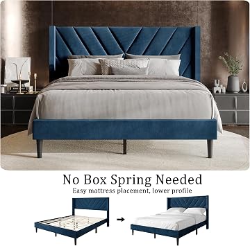 Queen Platform Bed Frame with Chevron-Stitched Wingback Headboard, Velvet Upholstery, No Box Spring Needed, Easy Assembly, Beige