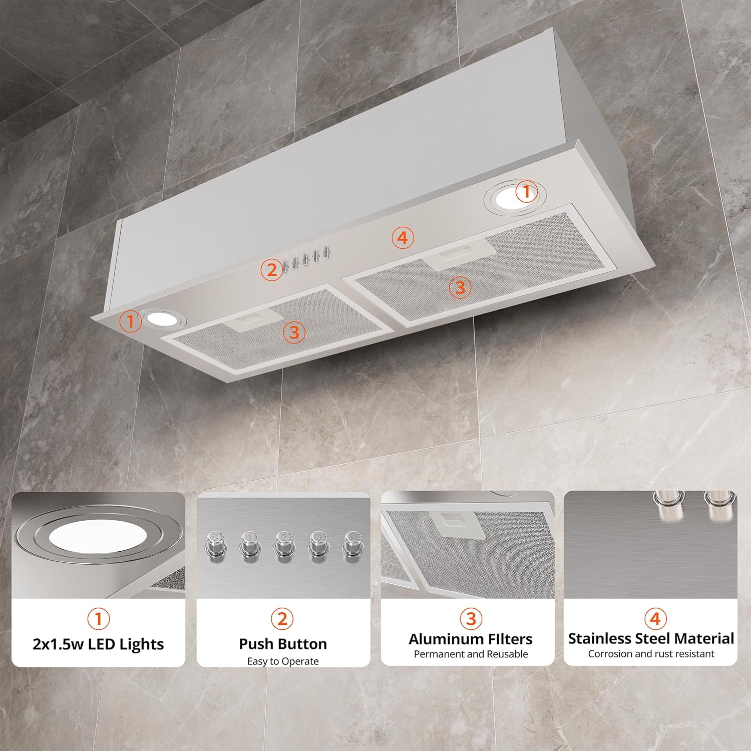 FIREGAS Range Hood 28 Inch, Built-in Stainless Steel Kitchen Vent Hood with 450 CFM, 3 Speed Exhaust Fan, 2 LED Lights & Button Control, Ducted/Ductless Convertible