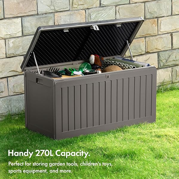 VonHaus Garden Storage Box 270L – Outdoor Utility Chest Organiser – Weatherproof Plastic, Lockable Lid, Sliding Bar Hinge, Carry Handles, Portable – For Garden, Patio, Balcony, Decking – Grey, Black - 4