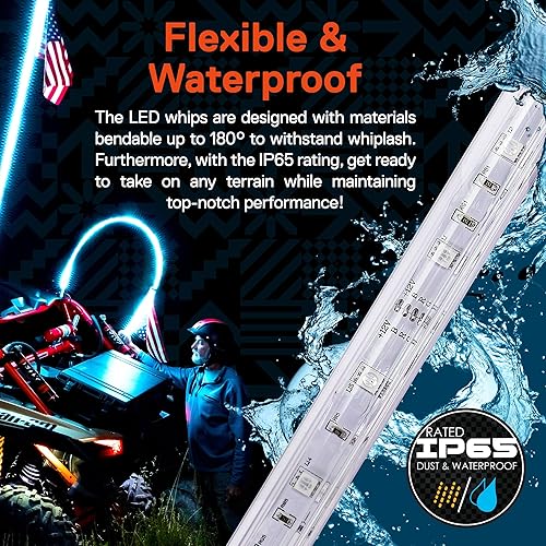 Miniatura 4 de True Mods - 2 piezas de látigo LED RGB de 5 pies para UTV ATV control remoto inalámbrico RF bandera de Estados Unidos, impermeable, látigo LED