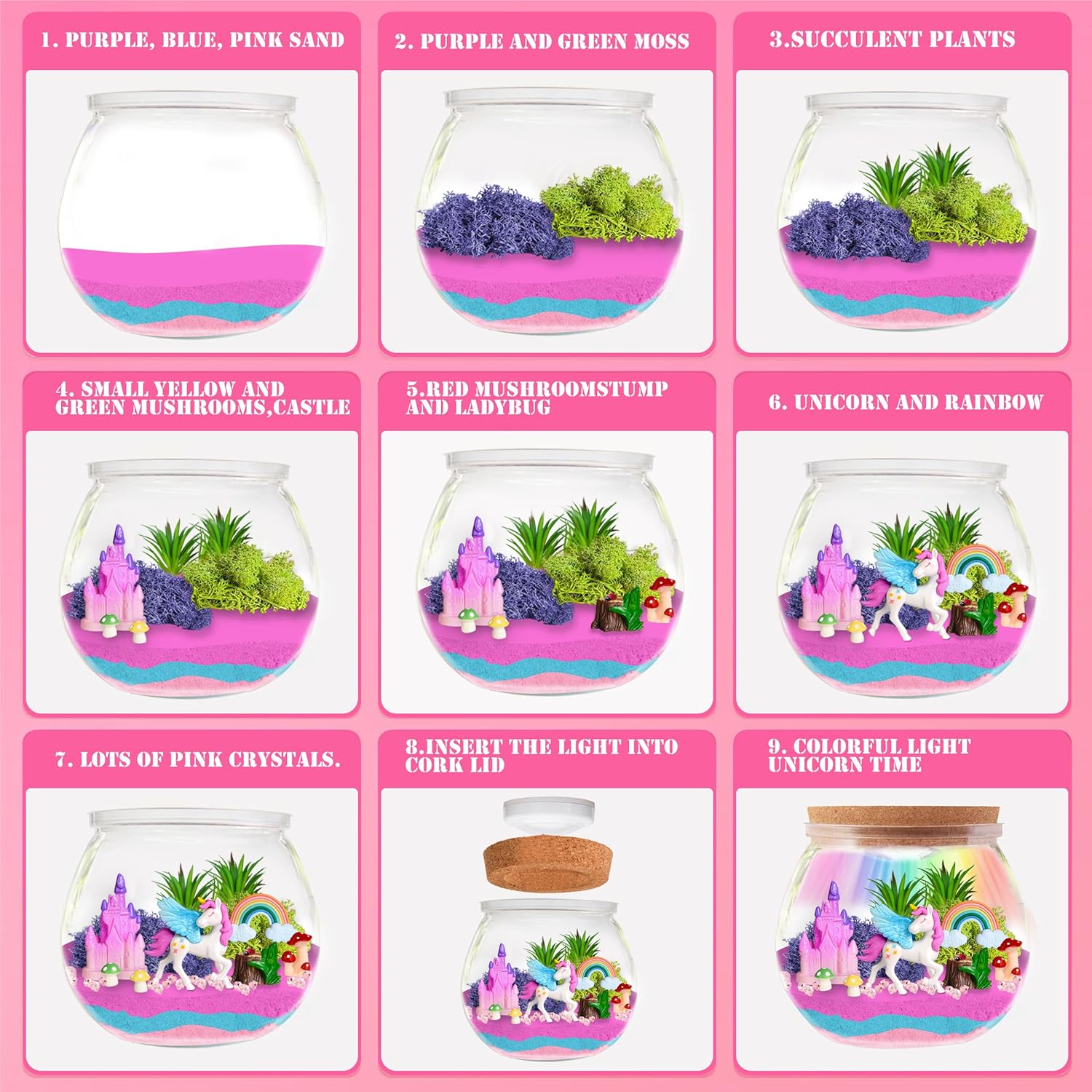 Unicorn Terrarium Kit, Fantasy Garden Craft with Colorful LED Lights, Remote Control, Pink Castle, Rainbow, Mushrooms, Decorative Accessories, DIY Activity for Kids (Unicorn)