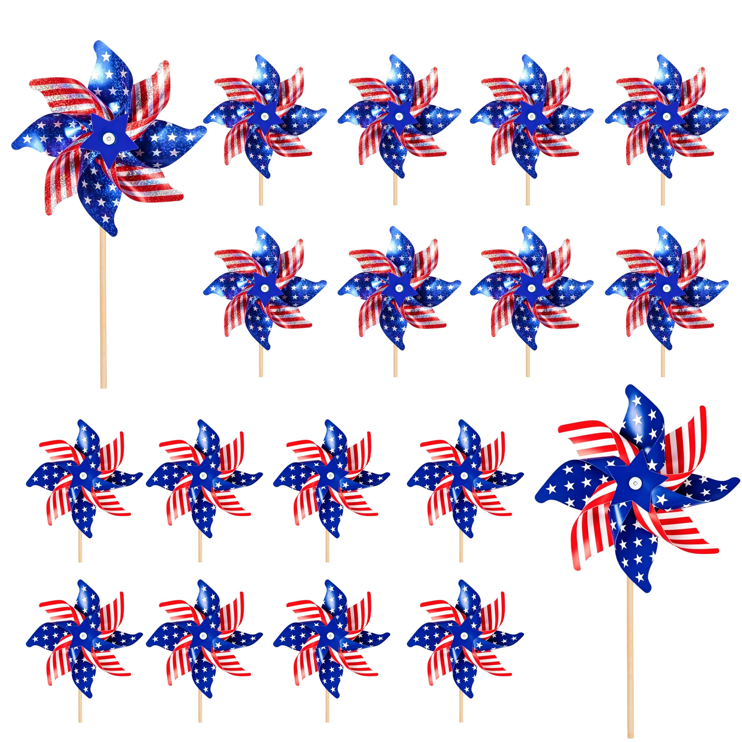 Photo 1 of 16 Pack American Flag Patriotic Pinwheels,8 PCS Matte Pinwheels and 8 PCS Reflective Pinwheels,Patriotic Decorations for Yard and Garden,4th of July Red White and Blue Decorations Scare Birds Away