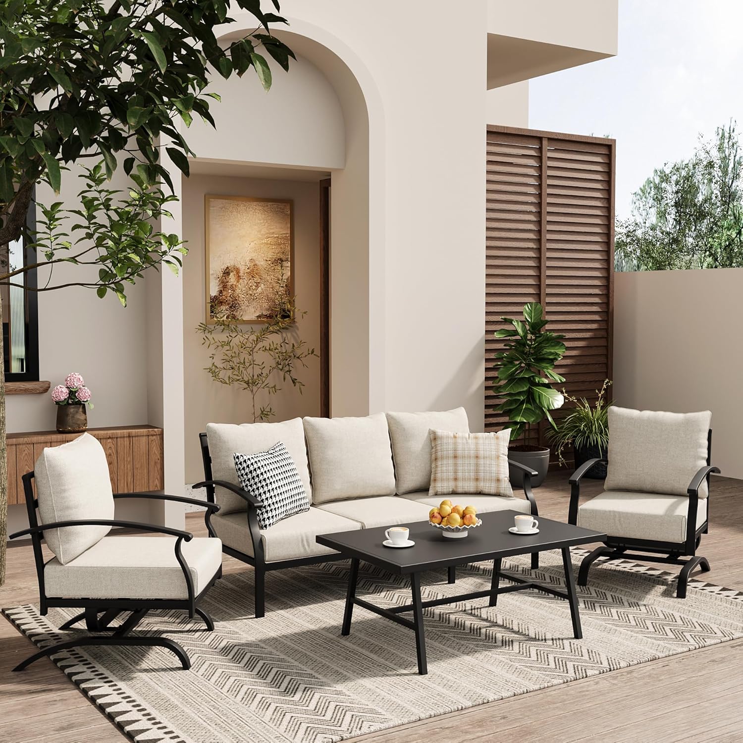 ALAULM 4 Piece Patio Furniture Set,Outdoor Metal Patio Furniture with Coffee Table & Rocking Chairs Conversation Set for Porch,Backyard,Poolside, Garden-Sand