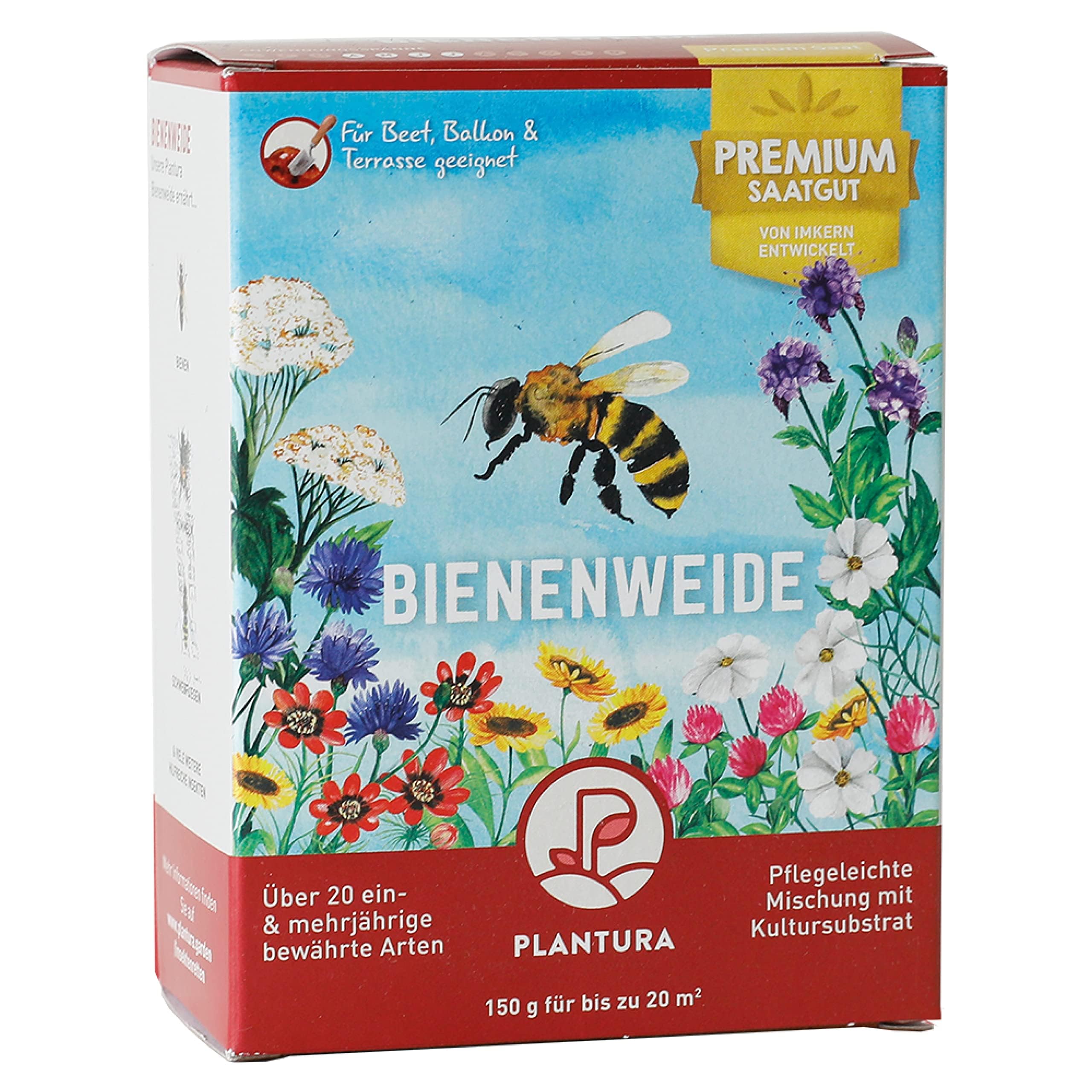Plantura Bienenweide, blütenreiche Premium-Saatgut-Mischung für Bienen, Hummeln & Schmetterlinge, >20 heimische Sorten, ein- & mehrjährig, bienenfreundlich, pflegeleicht & nektarreich, 150 g für 20 m²