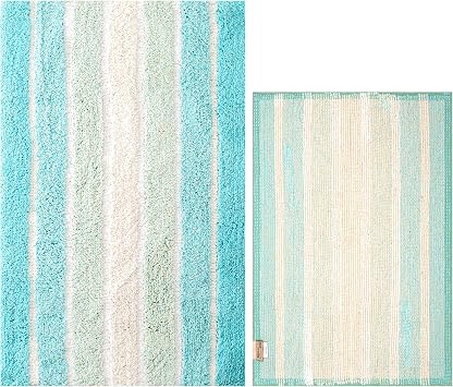 Ramanta Home Alpine Stripe Pure Cotton Bathroom Mat مجموعة من 2 - أكوا الفيروز، مكافحة الانزلاق سوبر لينة ماصة حمام البساط لمطبخ الحمام، آلة قابل للغسل باثروغ - 21 x32 & 17 x24 بوصة