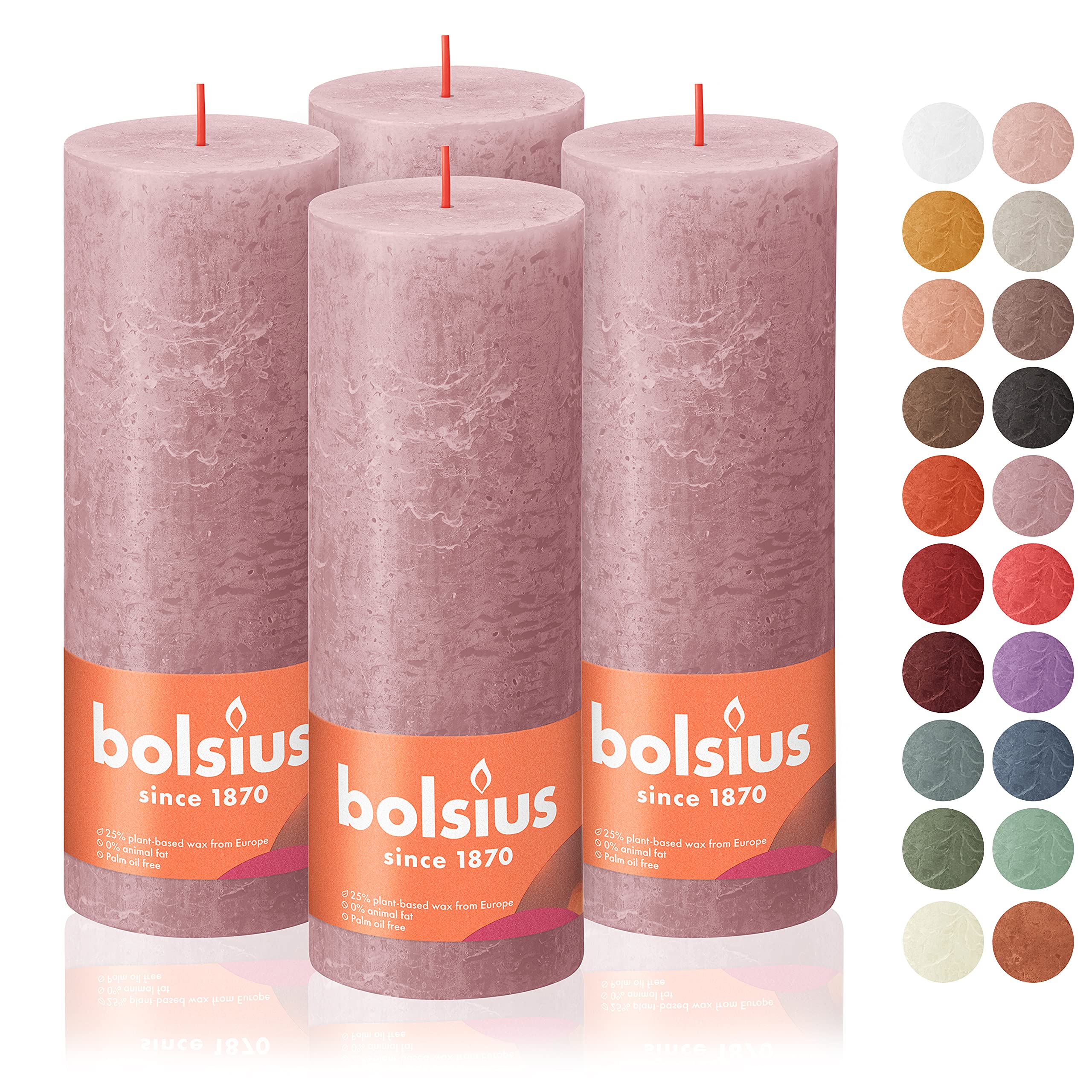 BOLSIUS 4 Pack Ash Rose Rustic Pillar Candles - 2.75 X 7.5 Inches - Premium European Quality - Includes Natural Plant-Based Wax - Unscented Dripless Smokeless 85 Hour Party and Wedding Candles